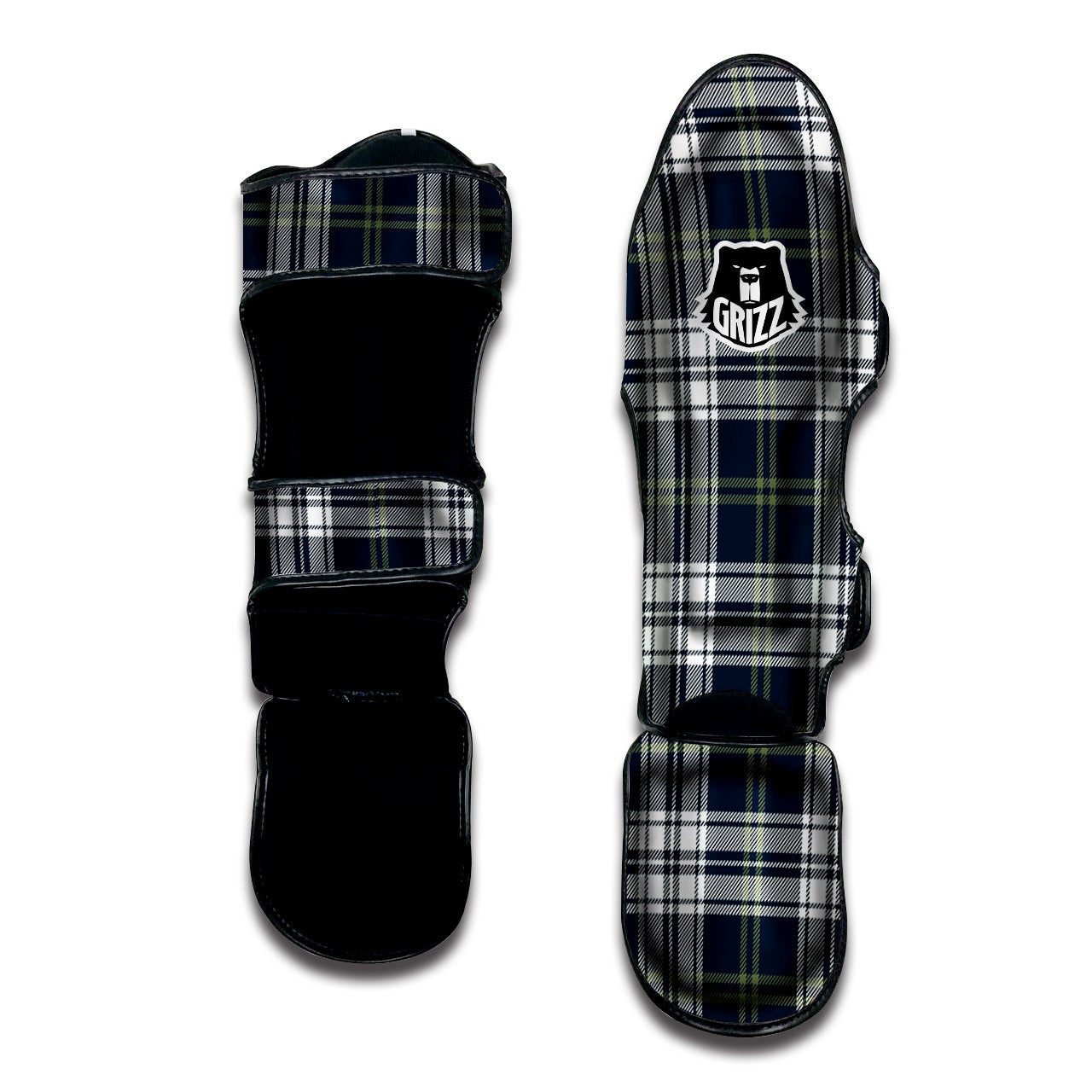 Navy White And Green Plaid Print Pattern Muay Thai Shin Guards-grizzshop