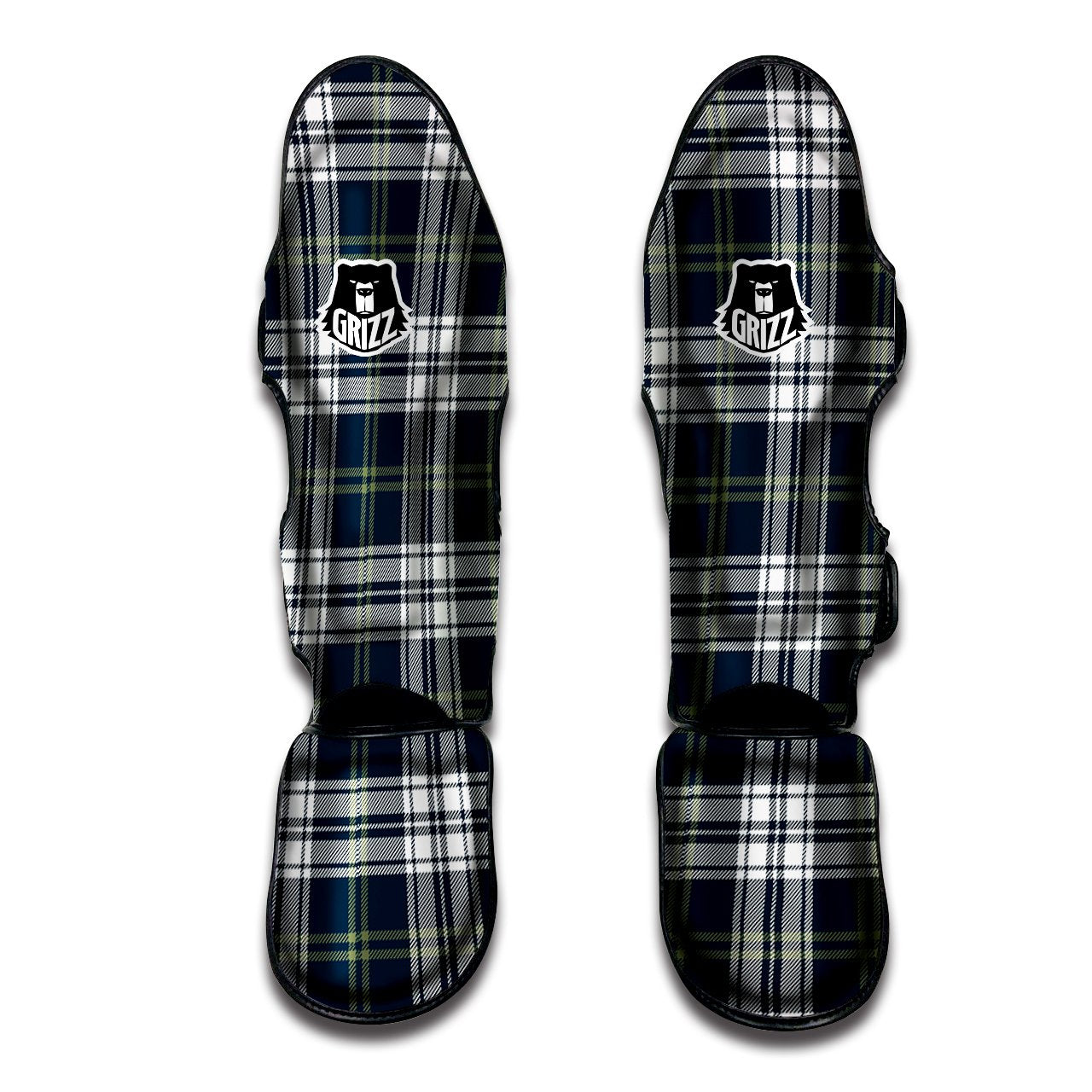 Navy White And Green Plaid Print Pattern Muay Thai Shin Guards-grizzshop