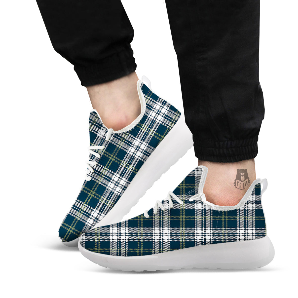 Navy White And Green Plaid Print Pattern White Athletic Shoes-grizzshop