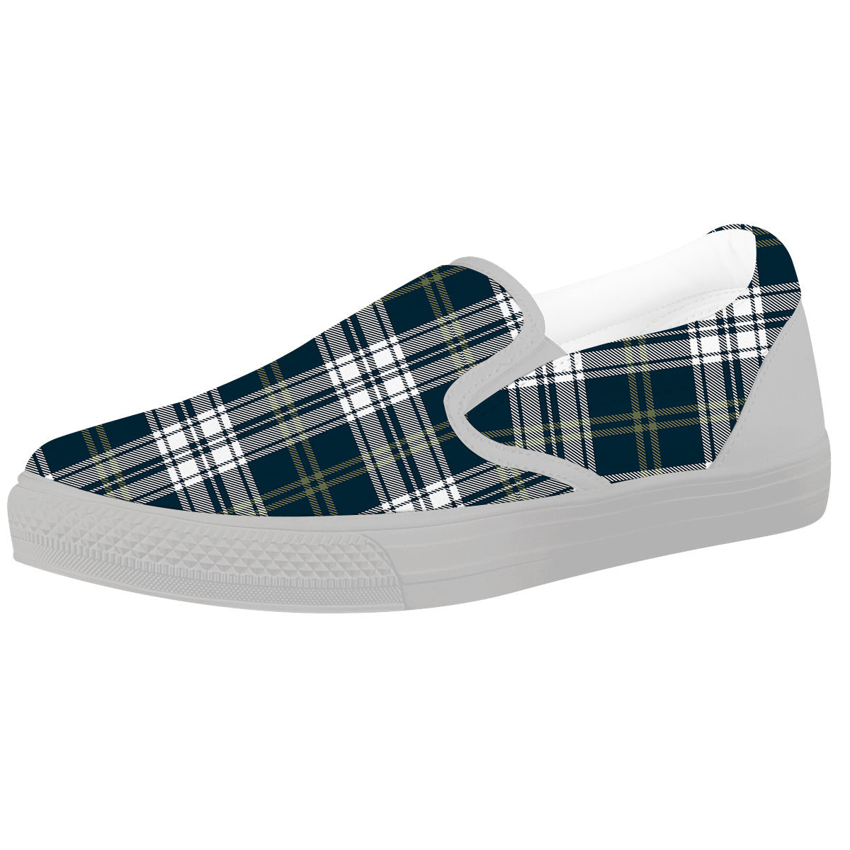 Navy White And Green Plaid Print Pattern White Slip On Shoes-grizzshop