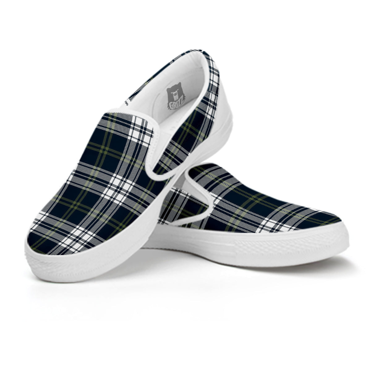 Navy White And Green Plaid Print Pattern White Slip On Shoes-grizzshop