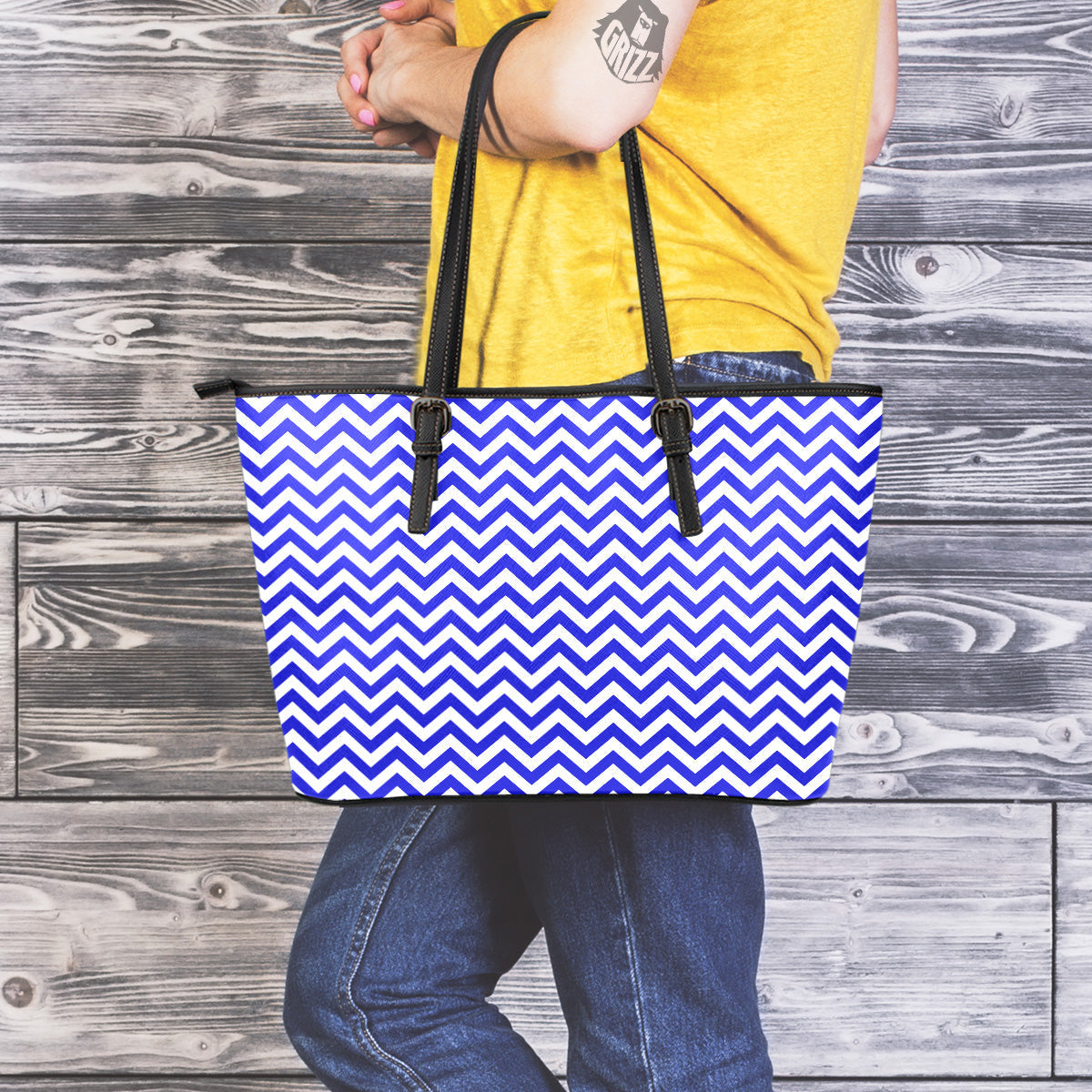 Navy Zigzag Print Pattern Leather Tote Bag-grizzshop