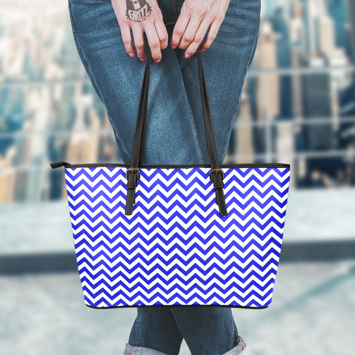 Navy Zigzag Print Pattern Leather Tote Bag-grizzshop