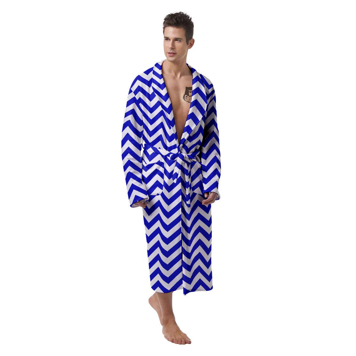 Navy Zigzag Print Pattern Men's Robe-grizzshop