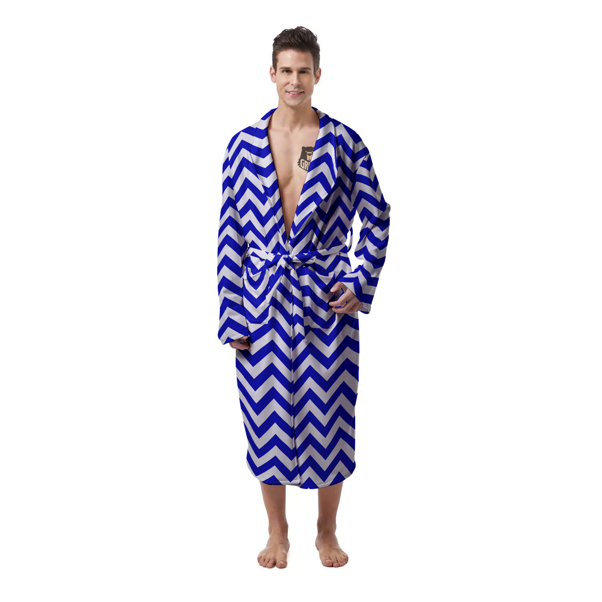 Navy Zigzag Print Pattern Men's Robe-grizzshop