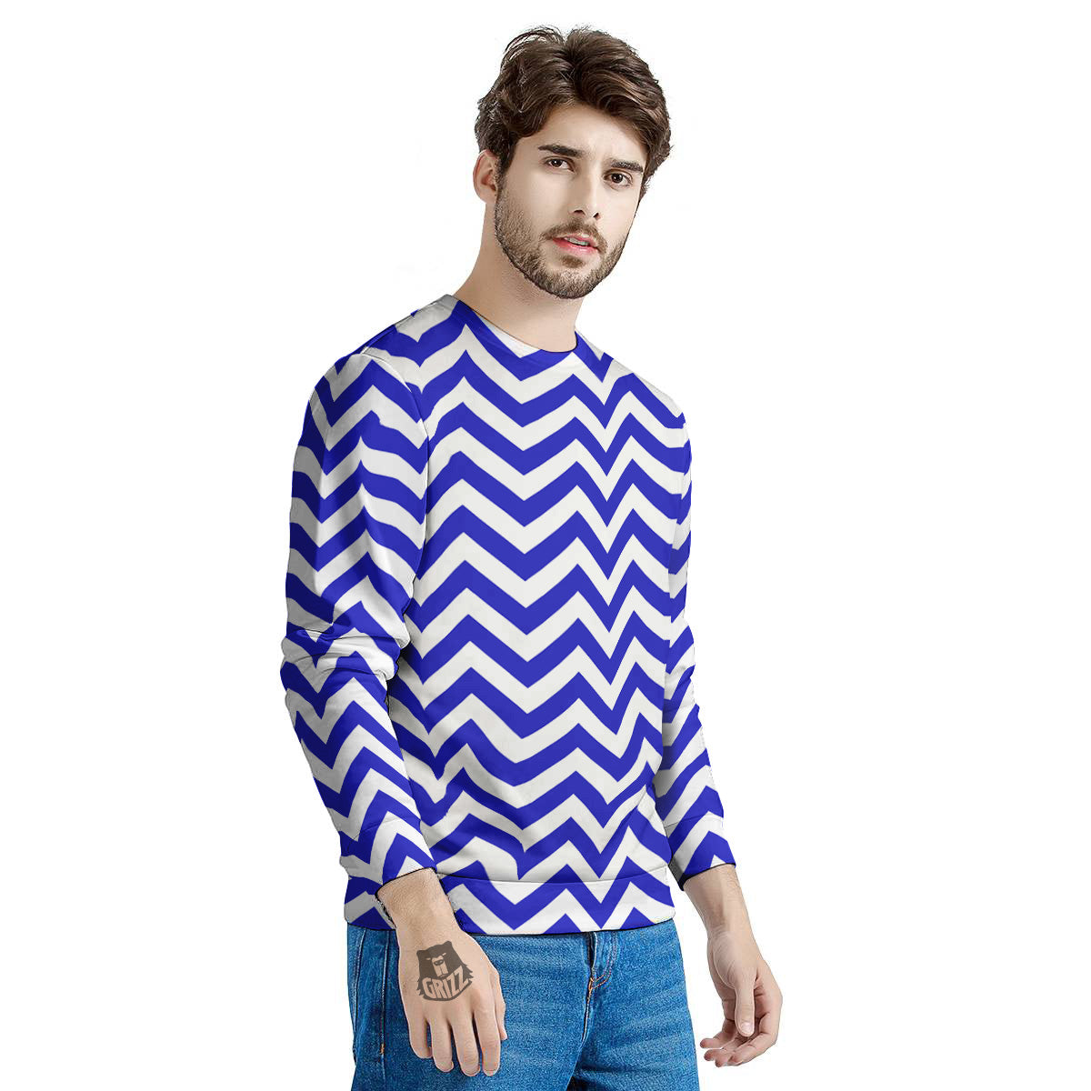 Navy Zigzag Print Pattern Men's Sweatshirt-grizzshop