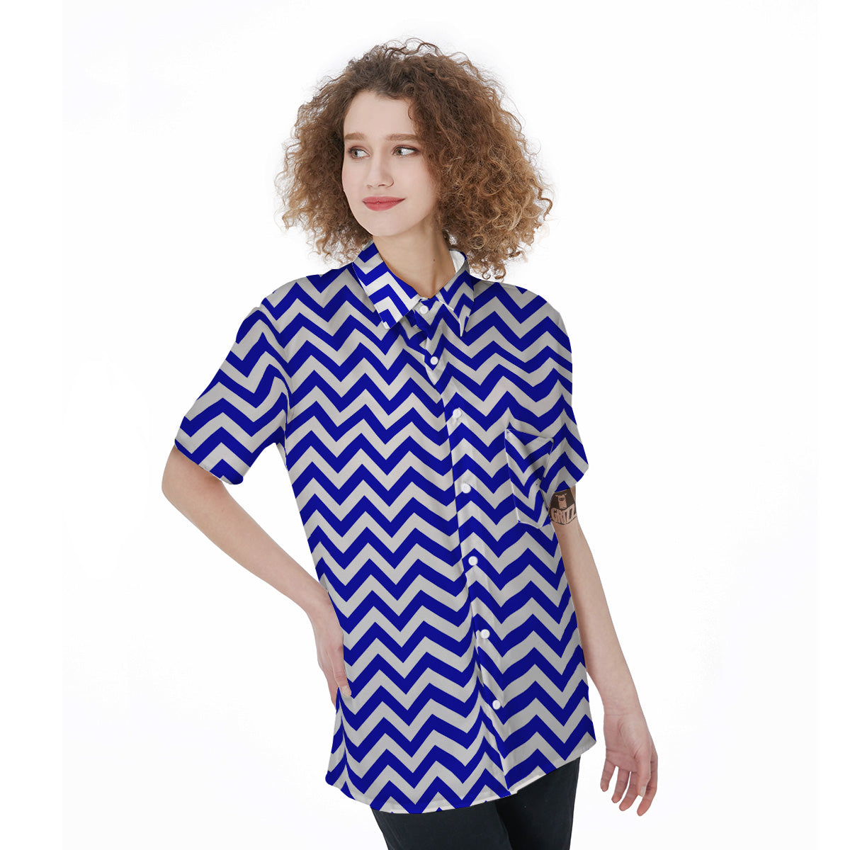 Navy Zigzag Print Pattern Women's Short Sleeve Shirts-grizzshop