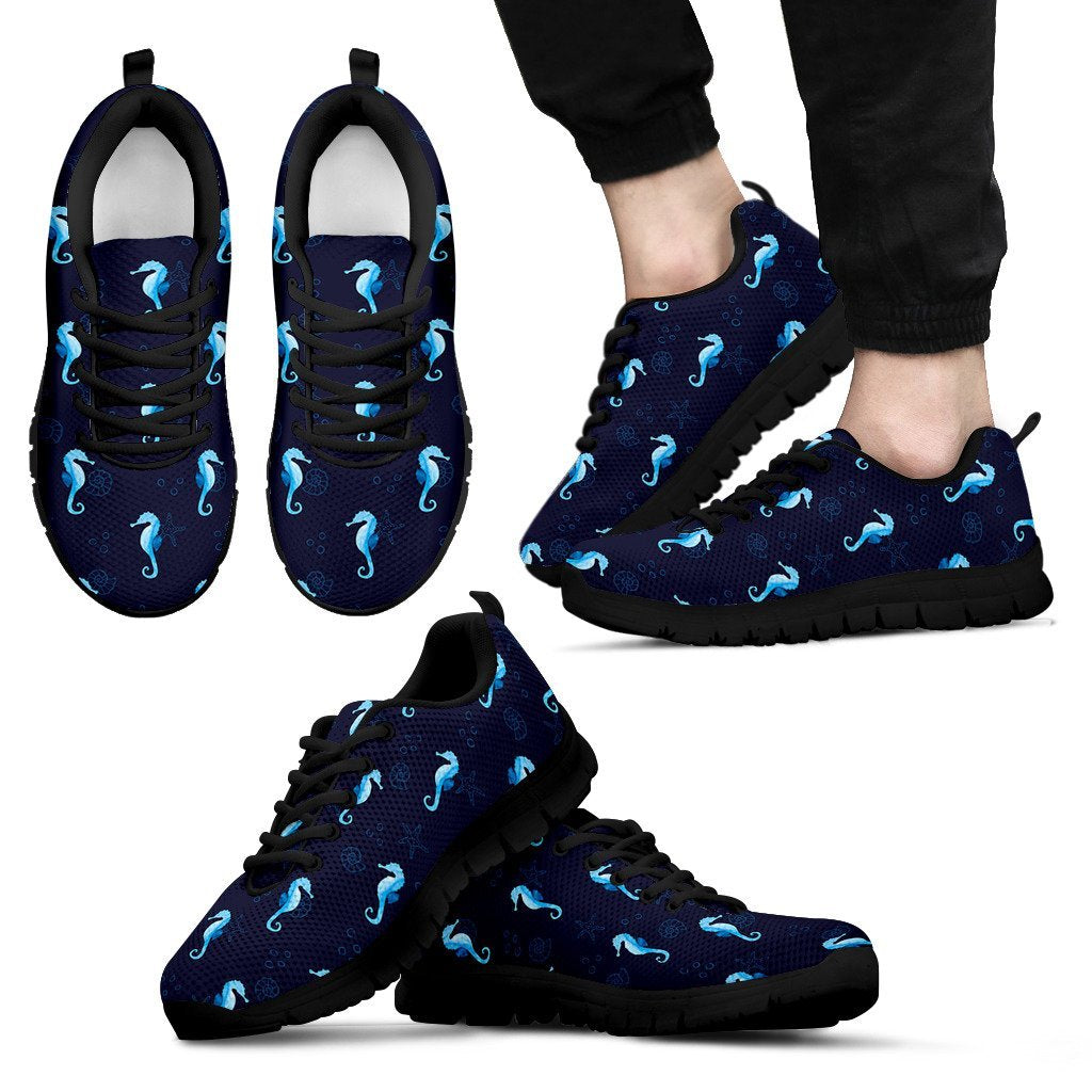 Navy Seahorse Pattern Print Black Sneaker Shoes For Men Women-grizzshop