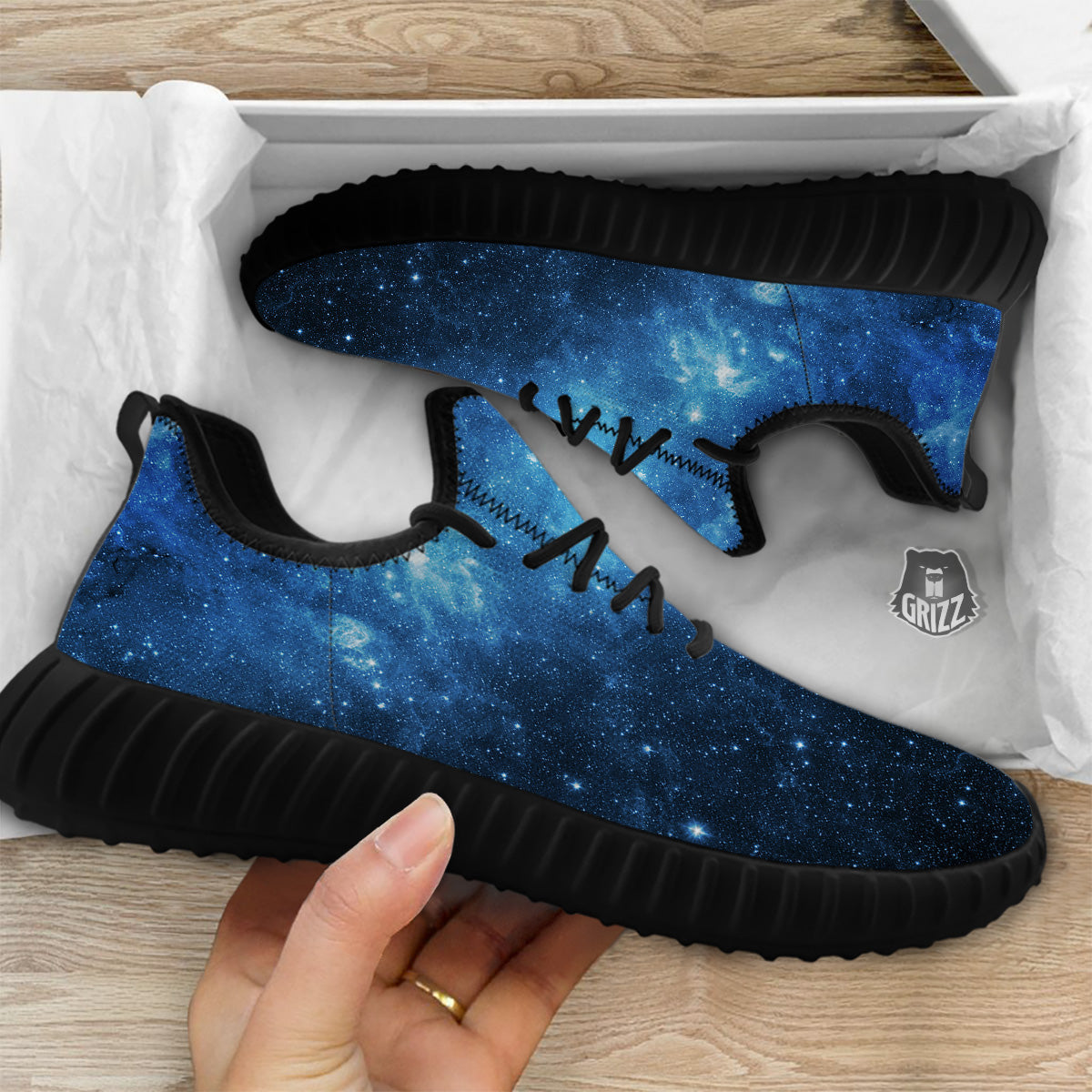 Nebula Galaxy Space Blue Light Print Black Walking Shoes-grizzshop