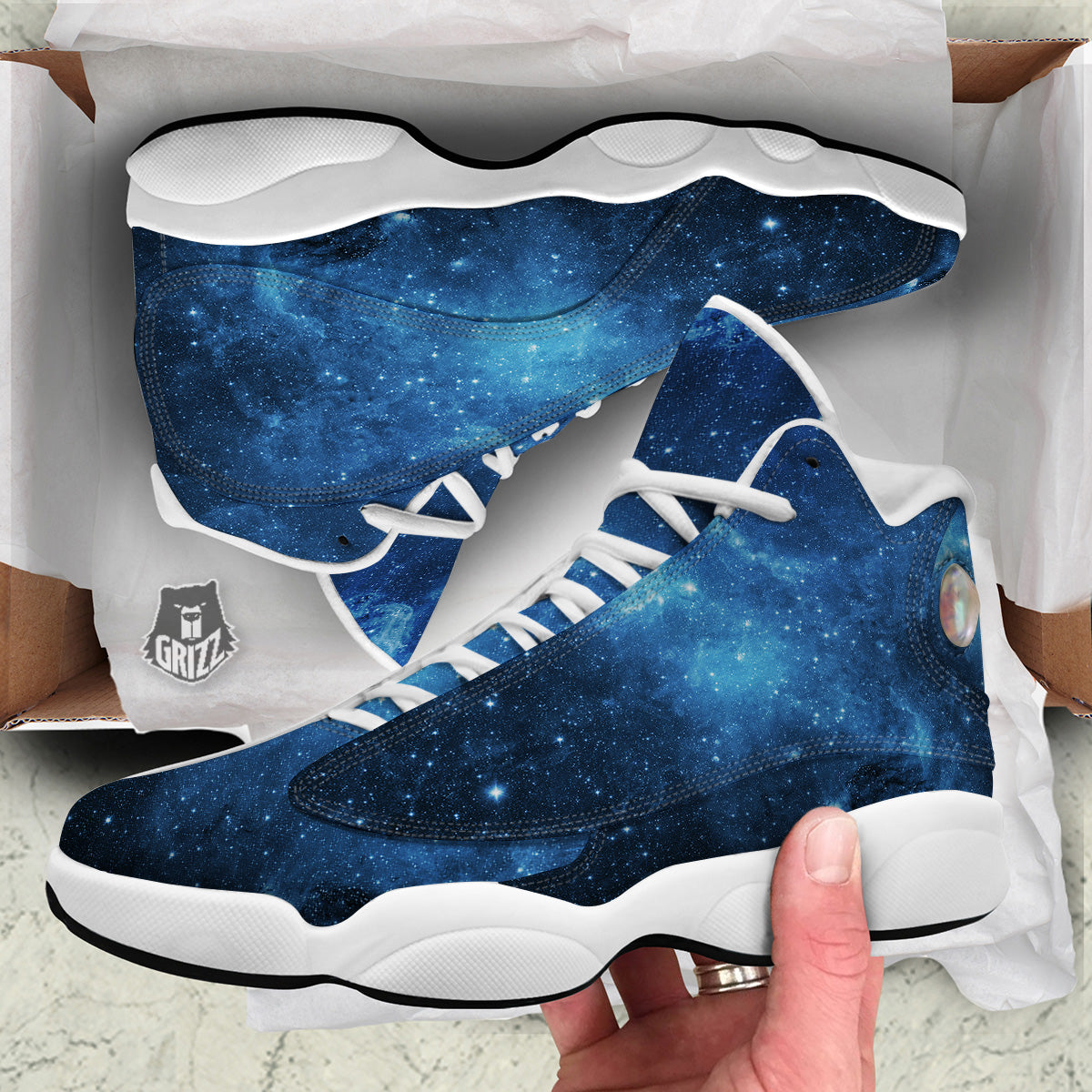 Nebula Galaxy Space Blue Light Print White Basketball Shoes