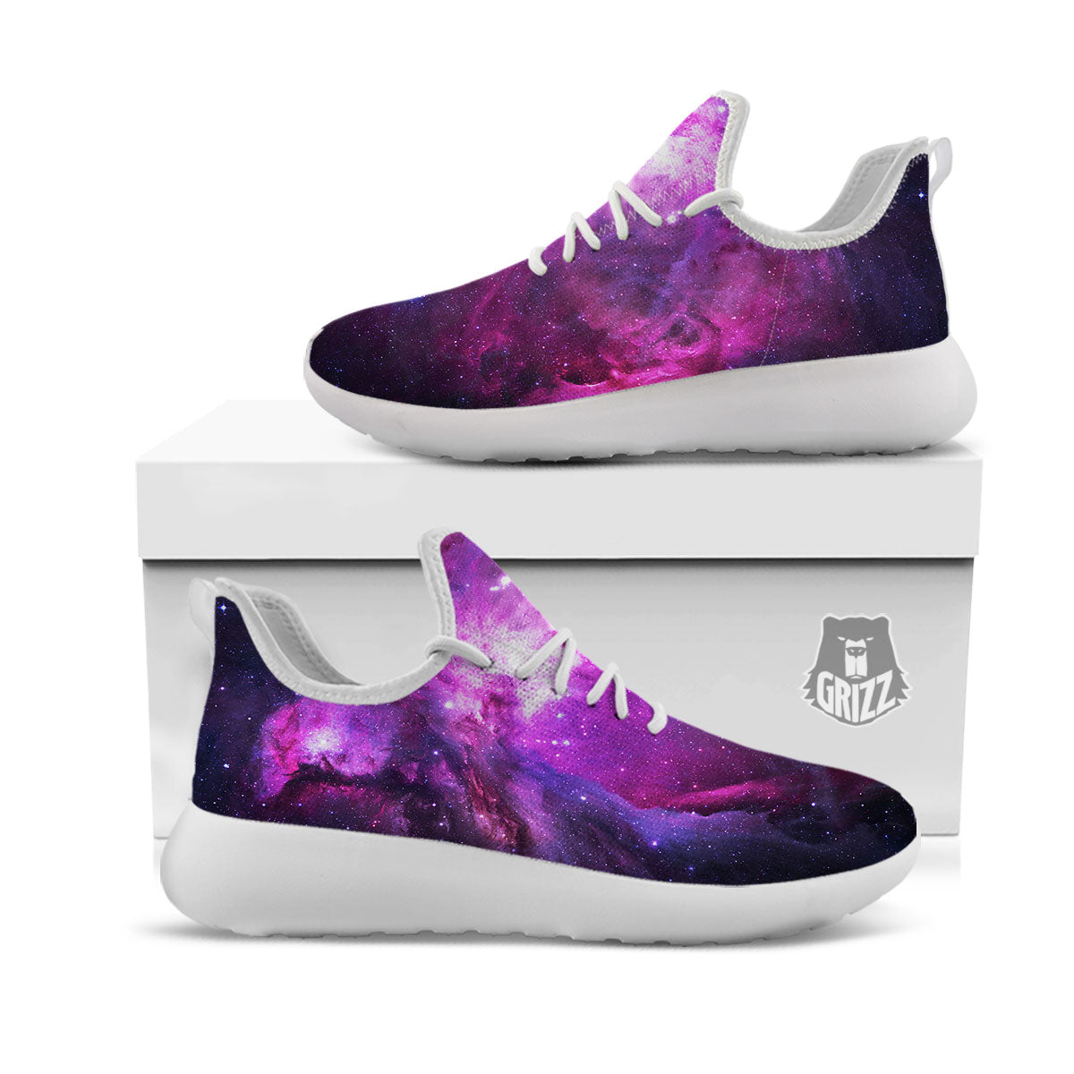 Nebula Galaxy Space Purple Stars Print White Athletic Shoes-grizzshop