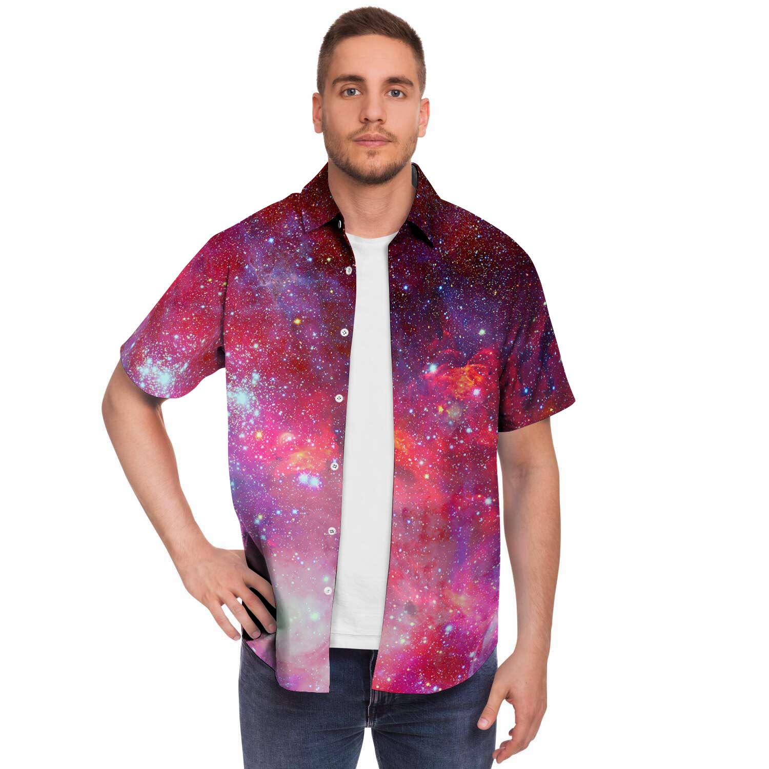 Nebula Red Galaxy Space Men's Short Sleeve Shirt-grizzshop
