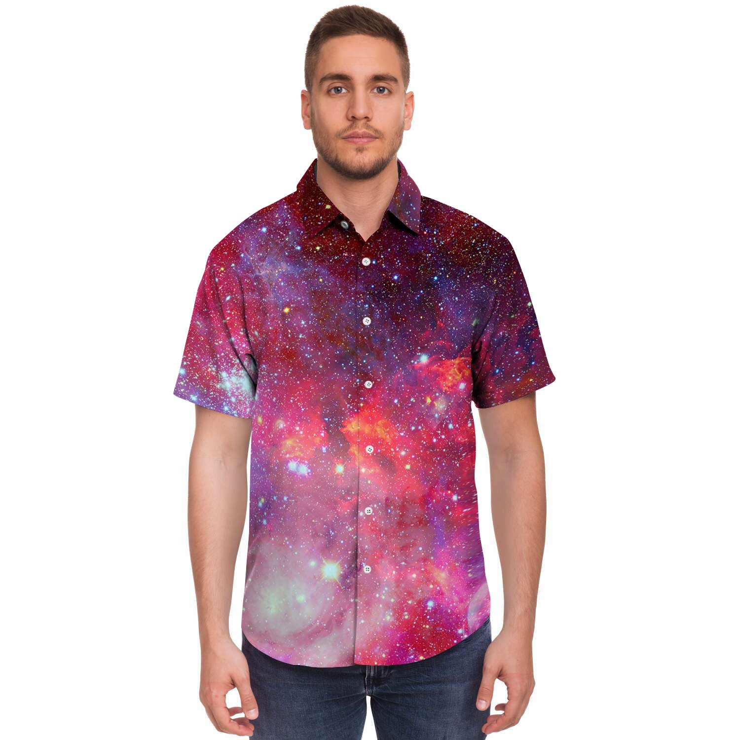 Nebula Red Galaxy Space Men's Short Sleeve Shirt-grizzshop
