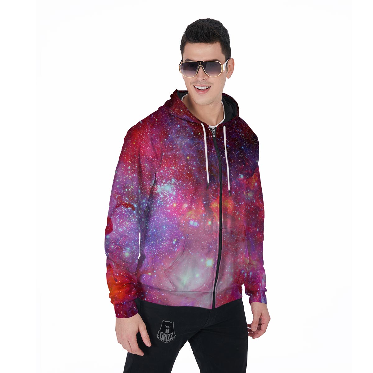 Nebula Red Galaxy Space Men's Zip Up Hoodie-grizzshop