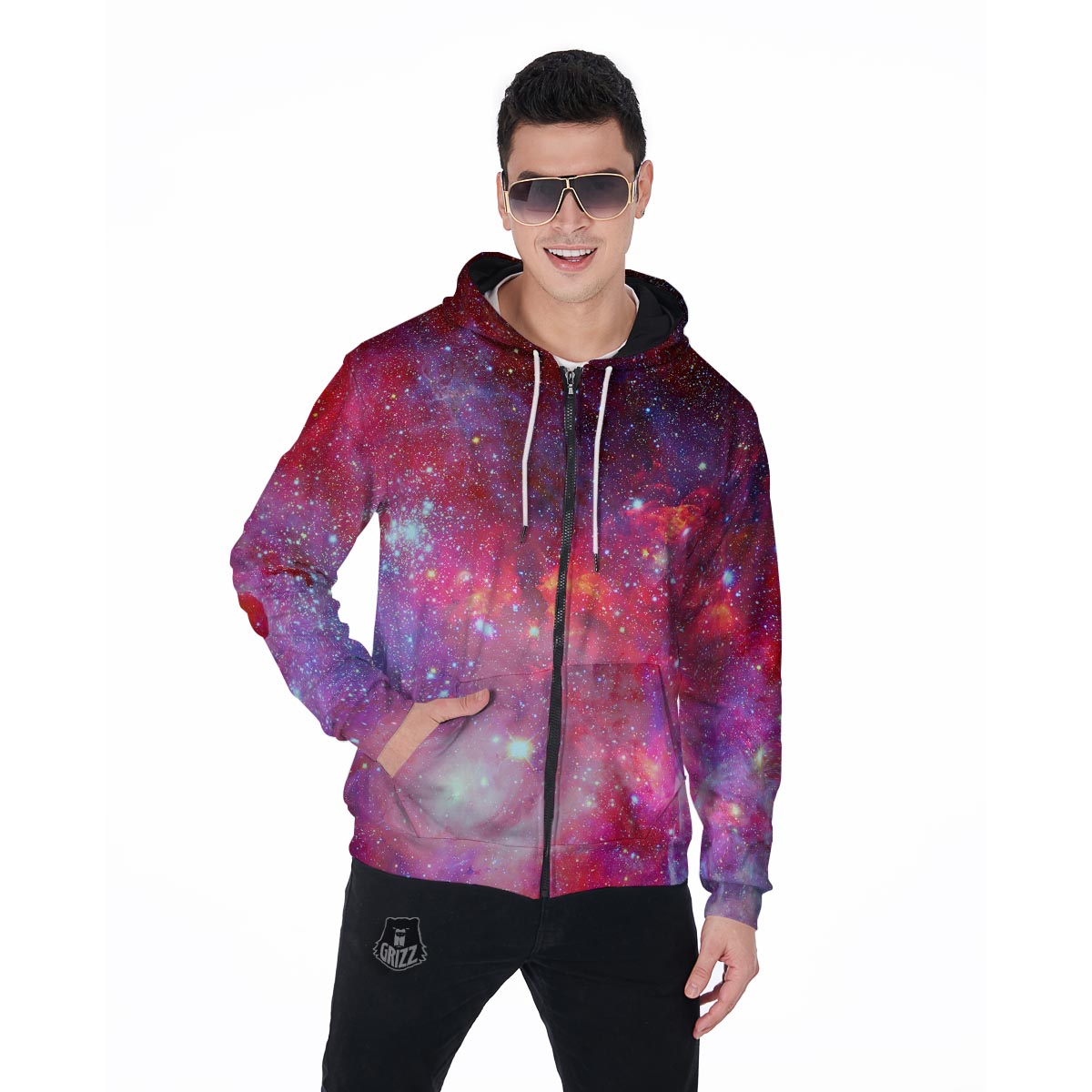 Nebula Red Galaxy Space Men's Zip Up Hoodie-grizzshop