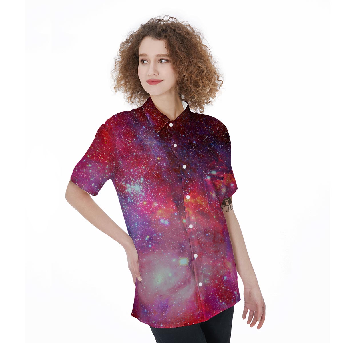 Nebula Red Galaxy Space Women's Short Sleeve Shirts-grizzshop