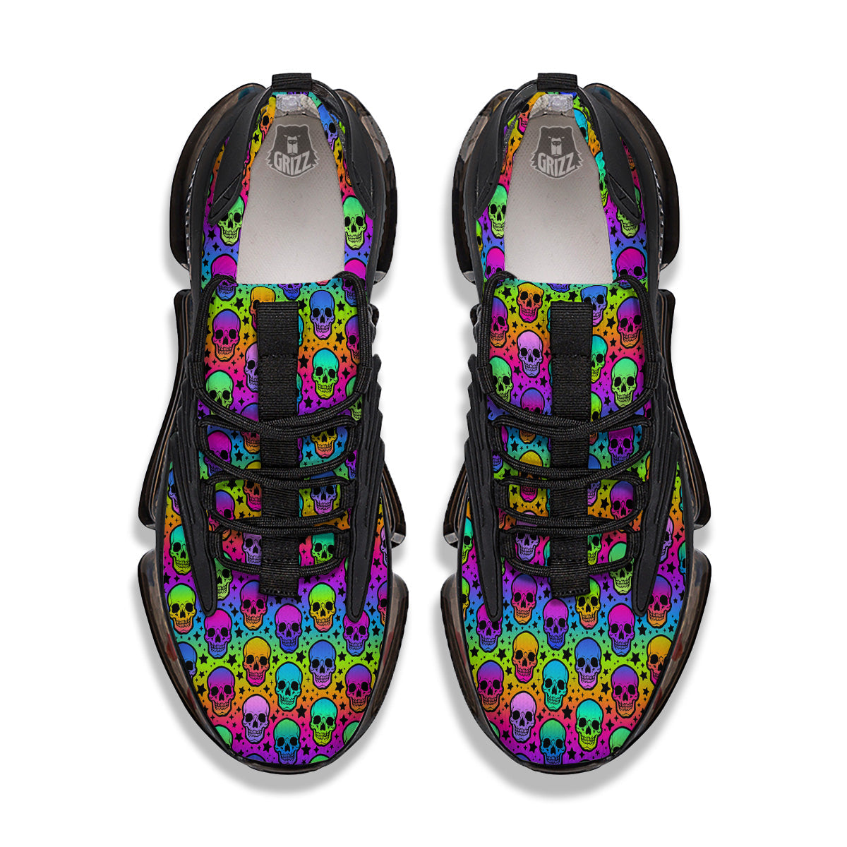 Neon Bright Human Skulls Print Pattern Black Gym Shoes-grizzshop