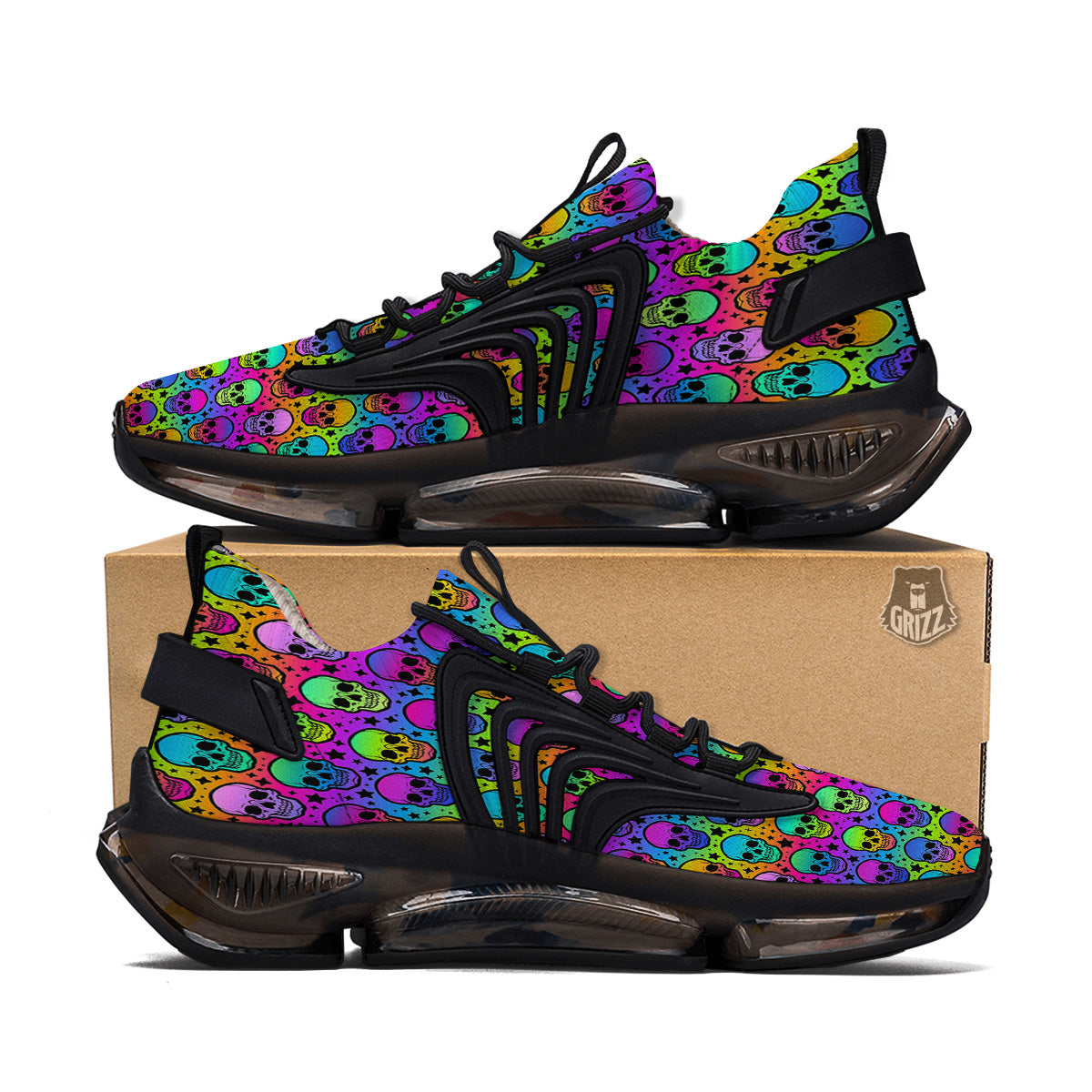 Neon Bright Human Skulls Print Pattern Black Gym Shoes-grizzshop