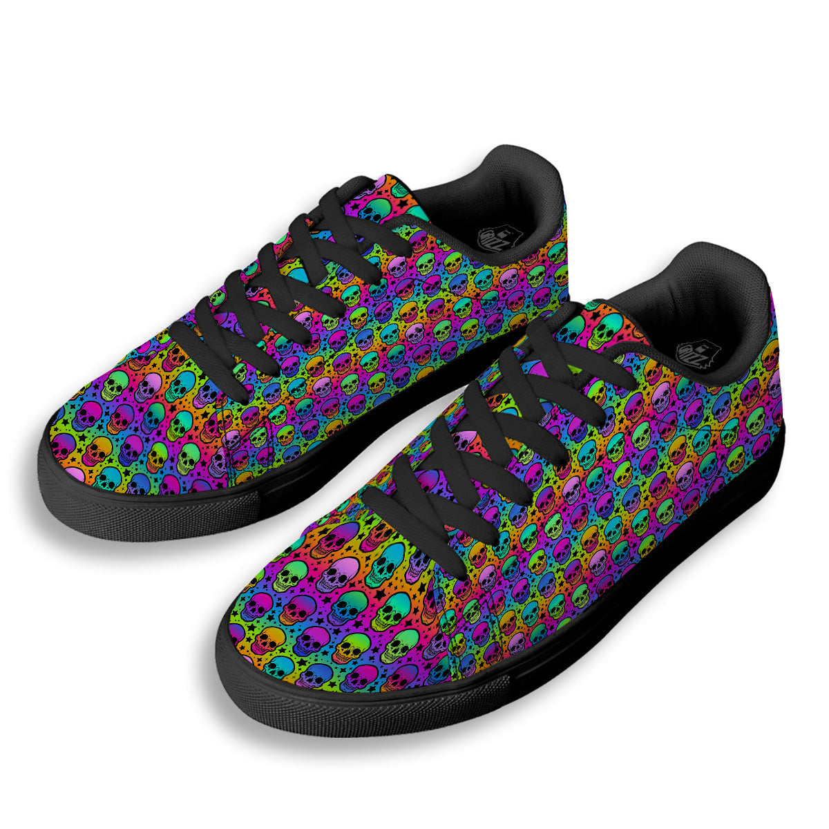Neon Bright Human Skulls Print Pattern Black Low Top Sneakers-grizzshop