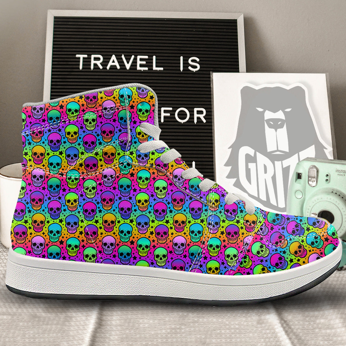 Neon Bright Human Skulls Print Pattern High Top Sneakers-grizzshop