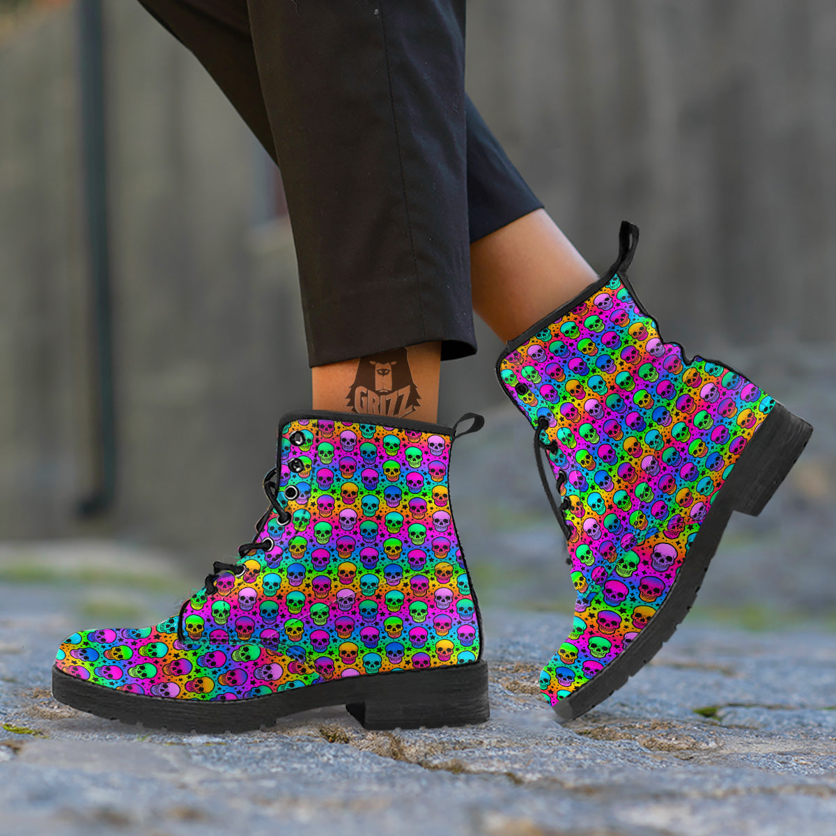 Neon Bright Human Skulls Print Pattern Leather Boots-grizzshop
