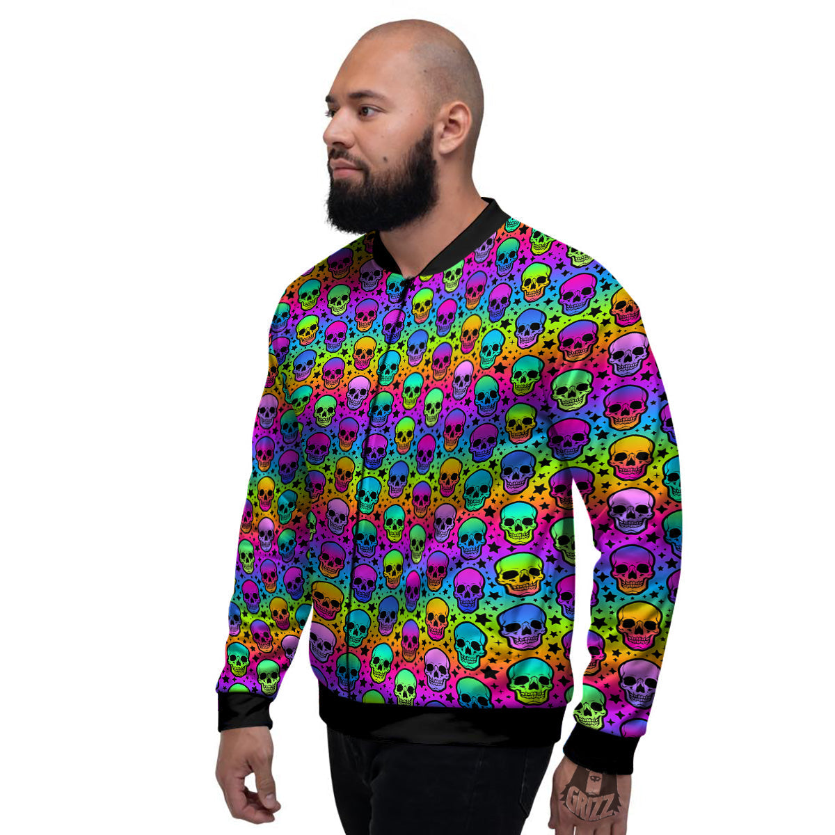 Neon Bright Human Skulls Print Pattern Men's Bomber Jacket-grizzshop