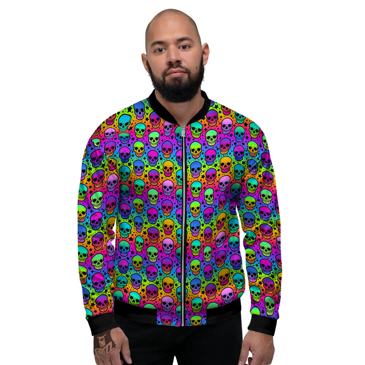 Neon Bright Human Skulls Print Pattern Men's Bomber Jacket-grizzshop