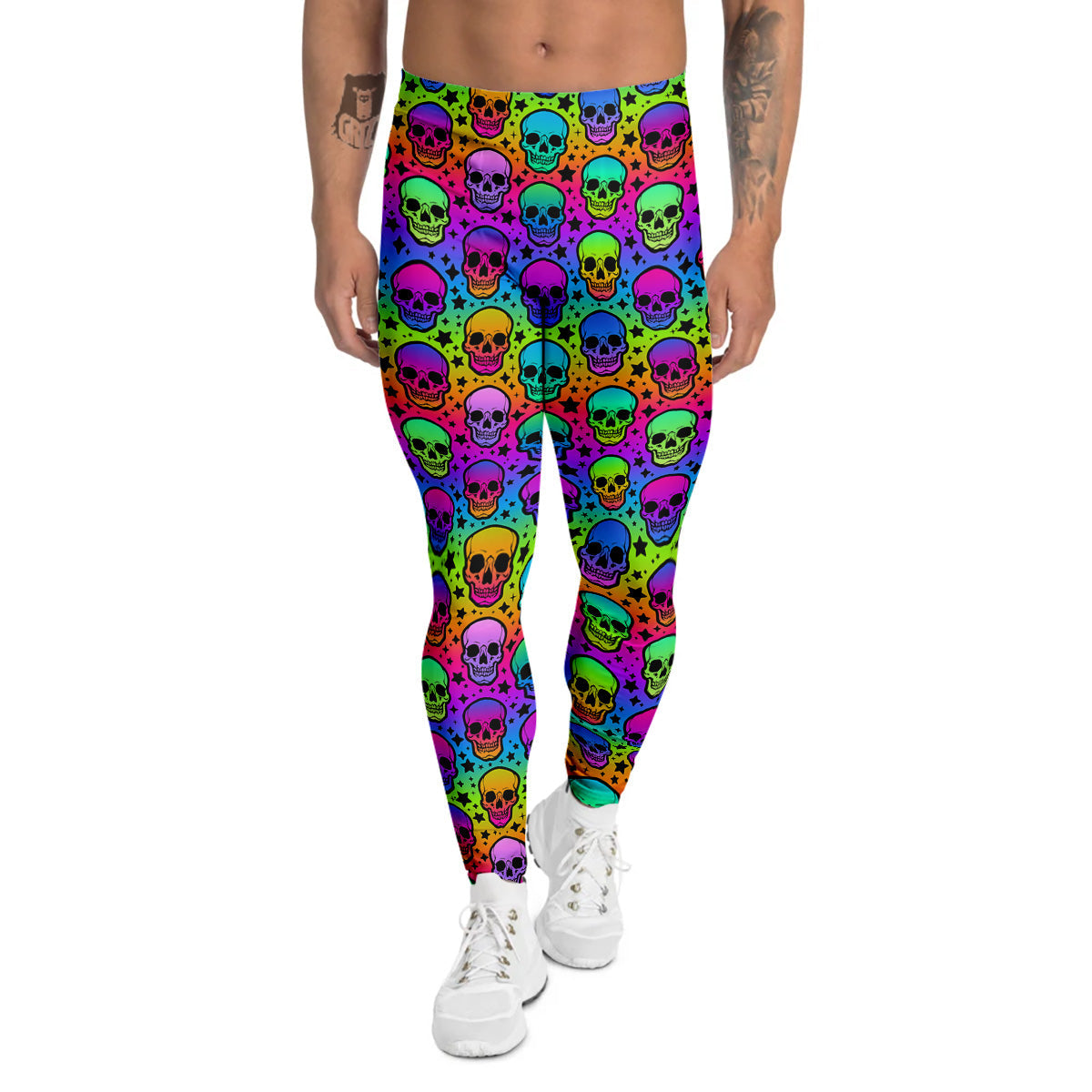 Neon Bright Human Skulls Print Pattern Men's Leggings-grizzshop