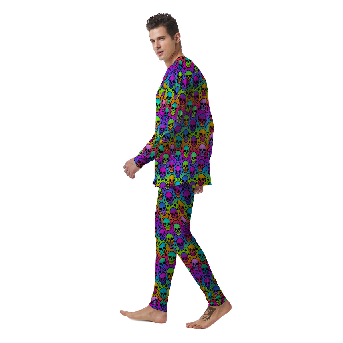 Neon Bright Human Skulls Print Pattern Men's Pajamas-grizzshop