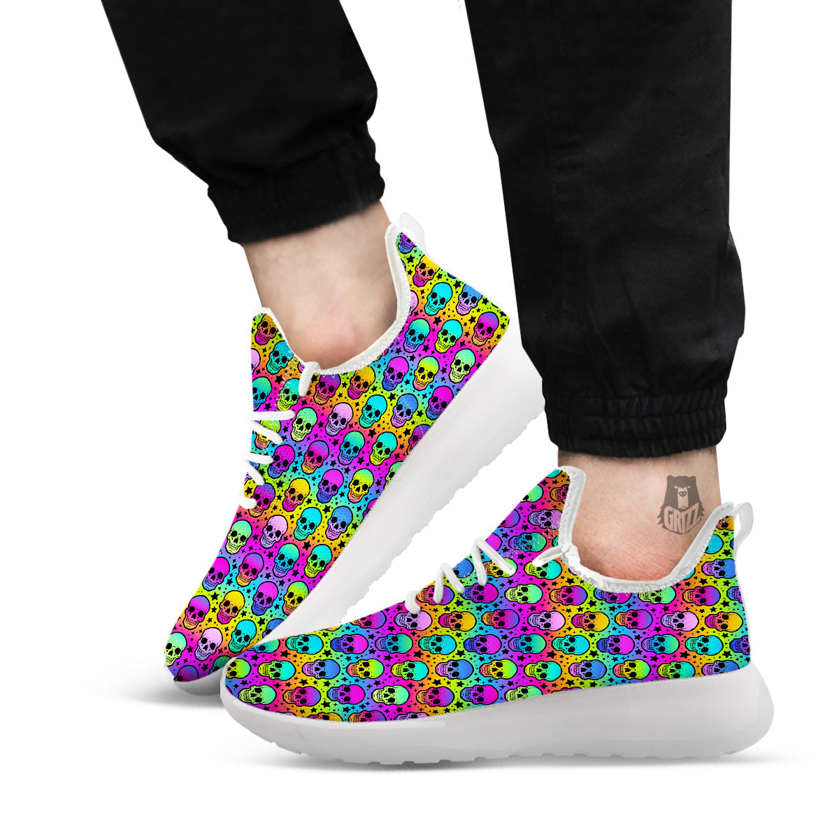 Neon Bright Human Skulls Print Pattern White Athletic Shoes-grizzshop