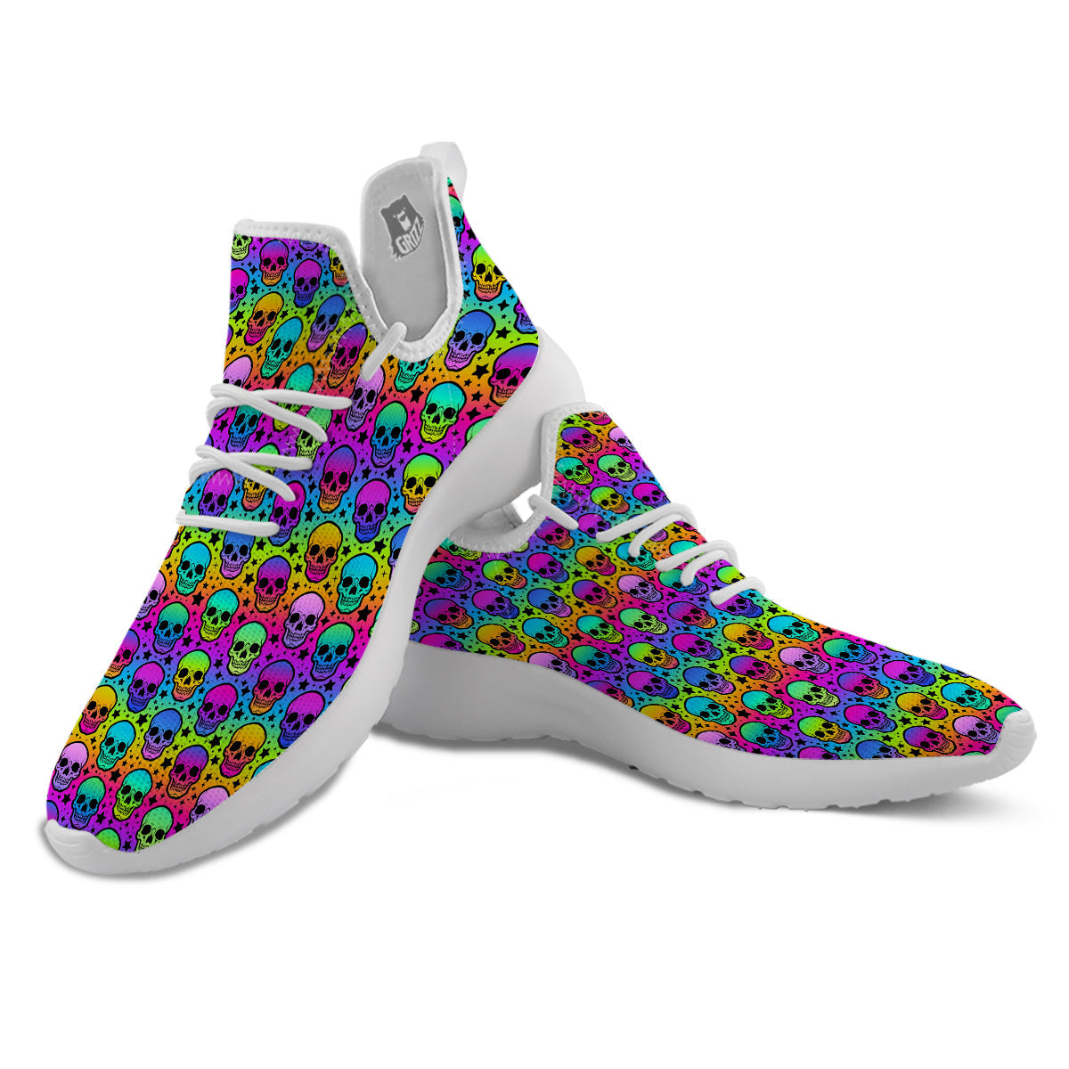 Neon Bright Human Skulls Print Pattern White Athletic Shoes-grizzshop