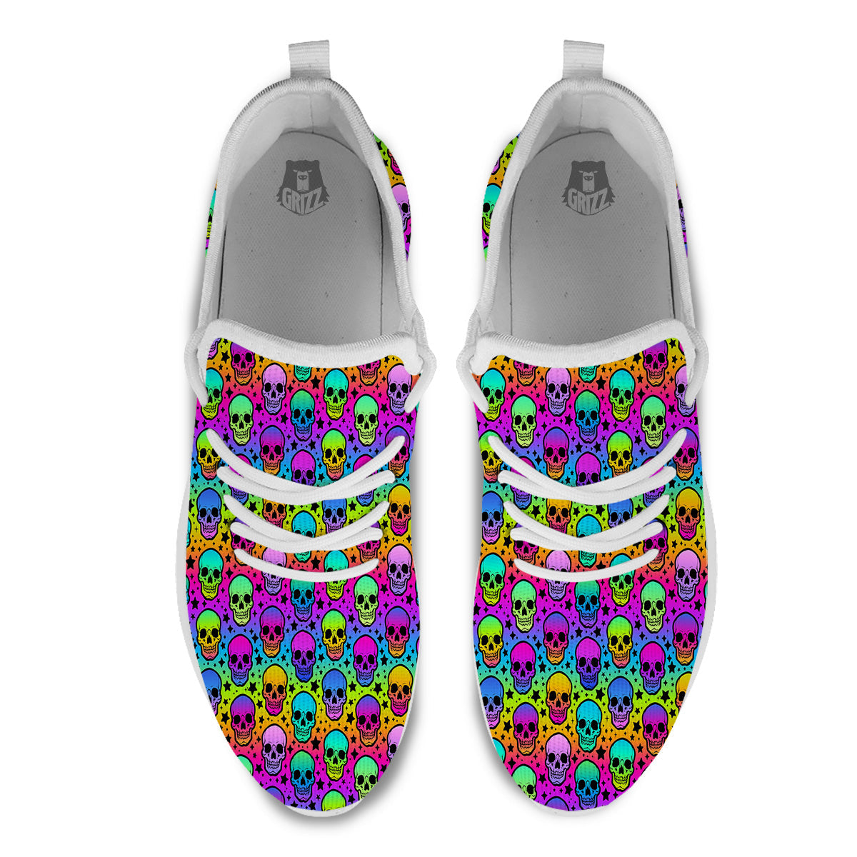 Neon Bright Human Skulls Print Pattern White Athletic Shoes-grizzshop