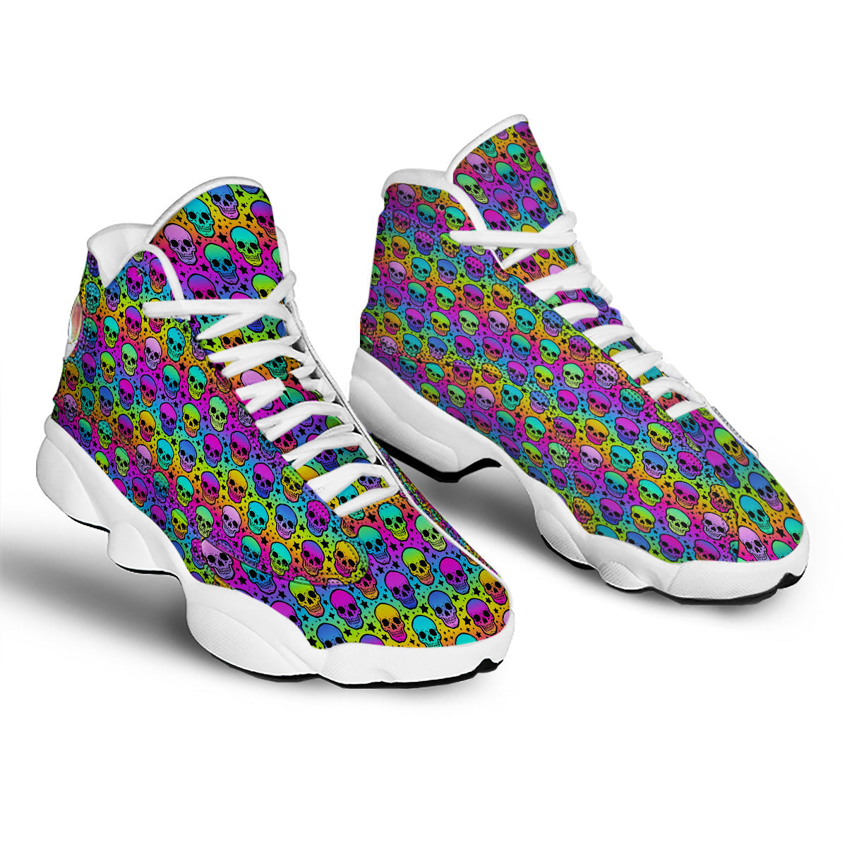 Neon Bright Human Skulls Print Pattern White Basketball Shoes-grizzshop