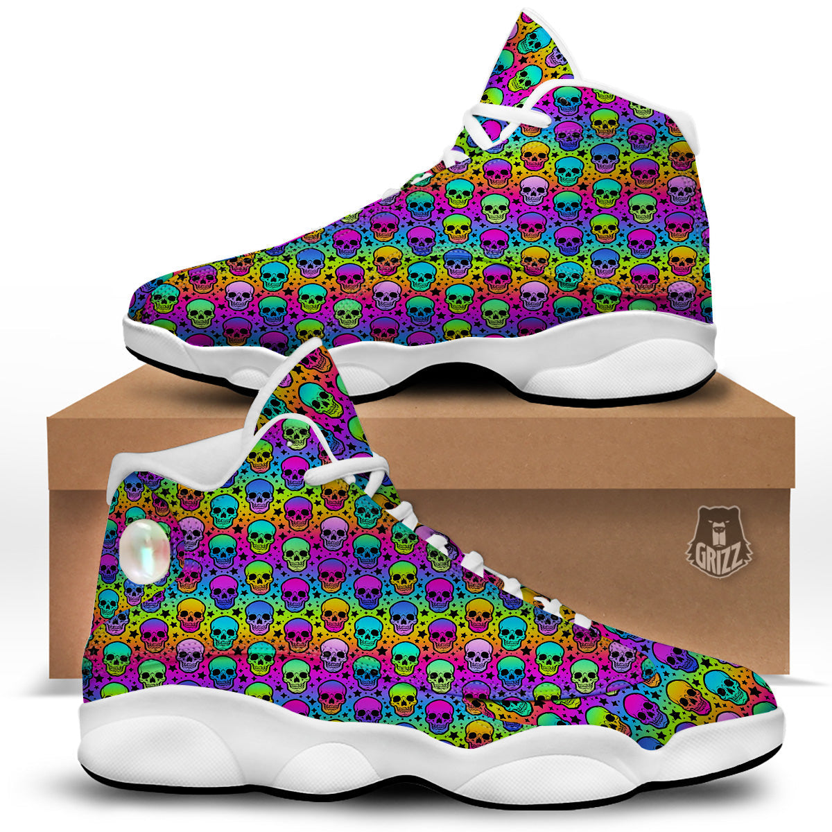 Neon Bright Human Skulls Print Pattern White Basketball Shoes-grizzshop