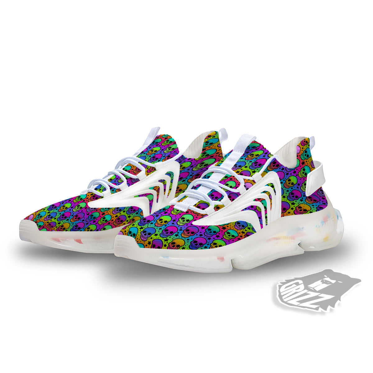 Neon Bright Human Skulls Print Pattern White Gym Shoes-grizzshop
