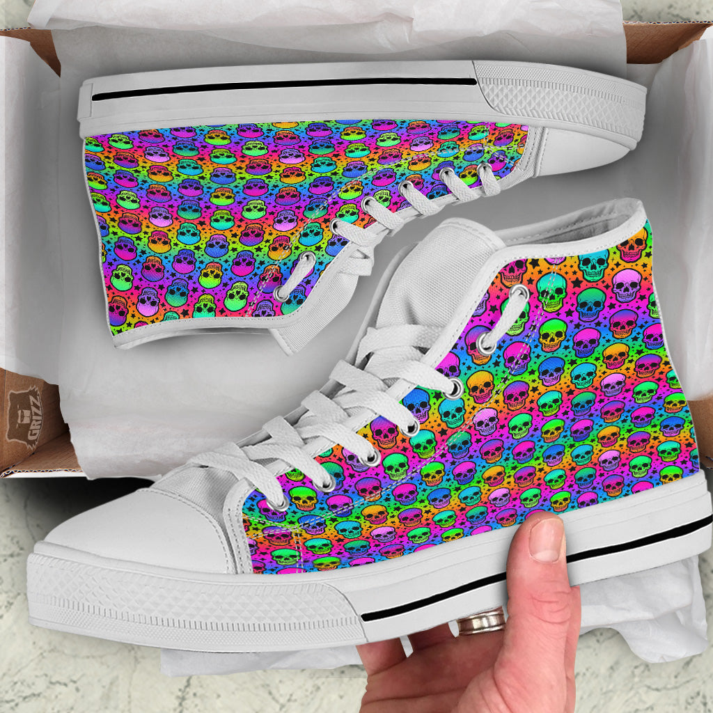 Neon Bright Human Skulls Print Pattern White High Top Shoes-grizzshop