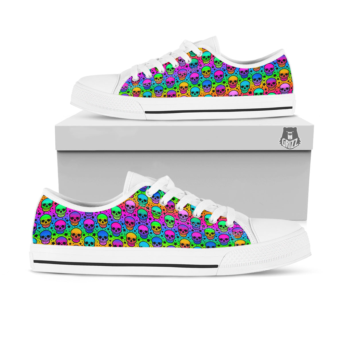 Neon Bright Human Skulls Print Pattern White Low Top Shoes-grizzshop