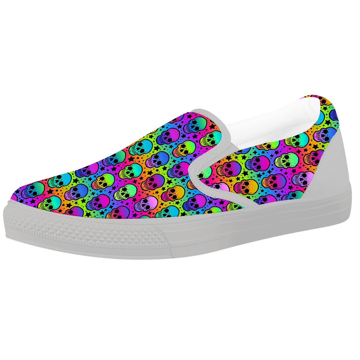 Neon Bright Human Skulls Print Pattern White Slip On Shoes-grizzshop