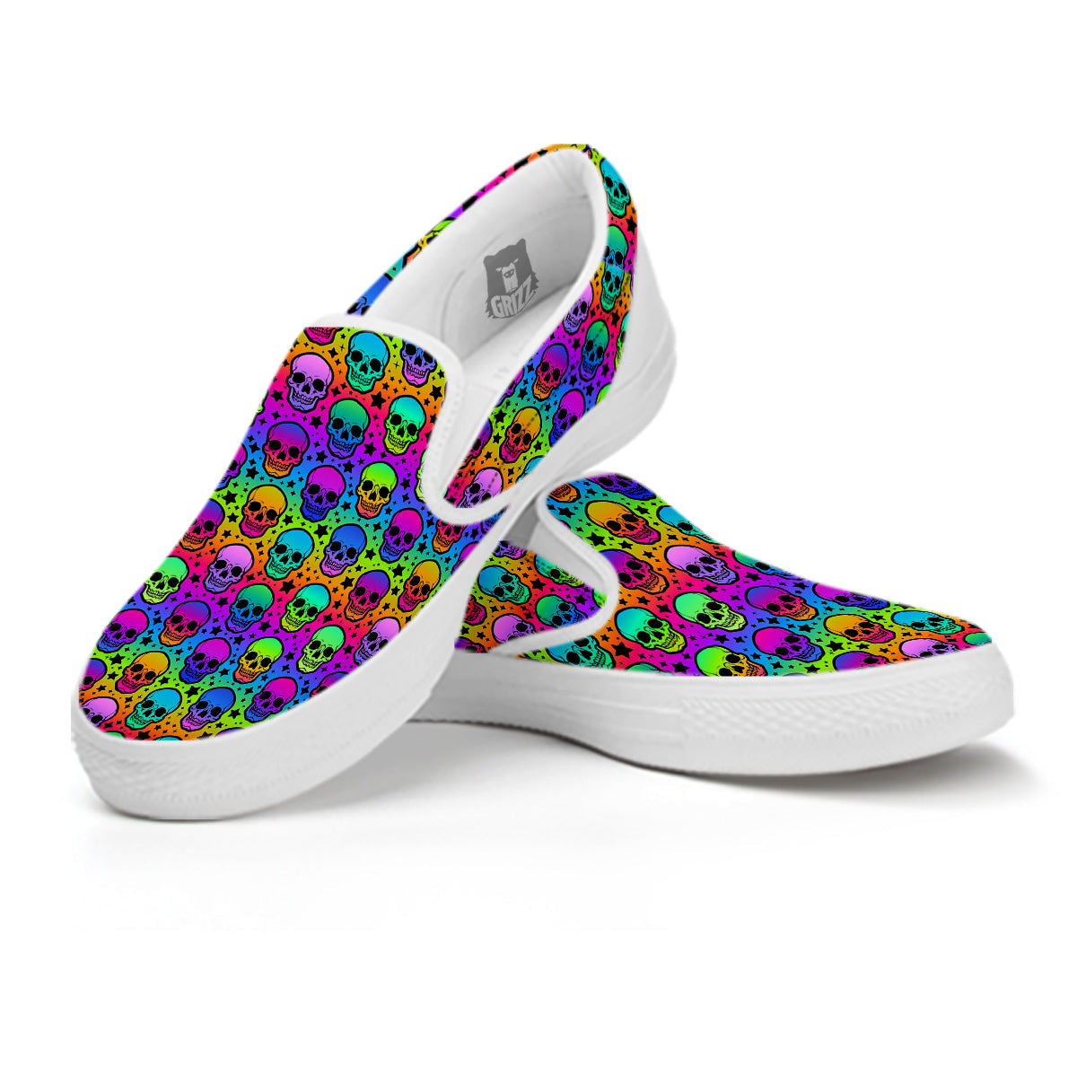 Neon Bright Human Skulls Print Pattern White Slip On Shoes-grizzshop