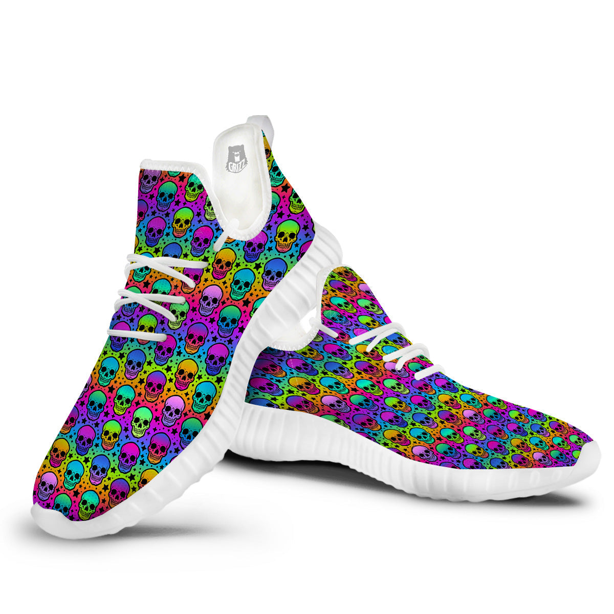 Neon Bright Human Skulls Print Pattern White Walking Shoes-grizzshop