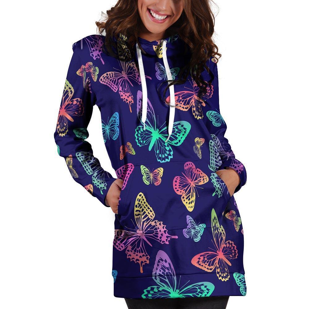 Neon Butterfly Print Hoodie Dress-grizzshop