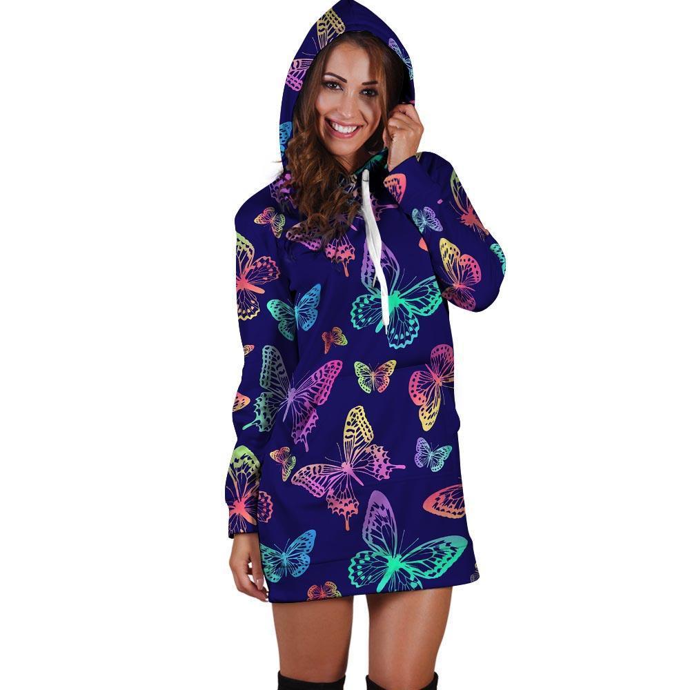 Neon Butterfly Print Hoodie Dress-grizzshop