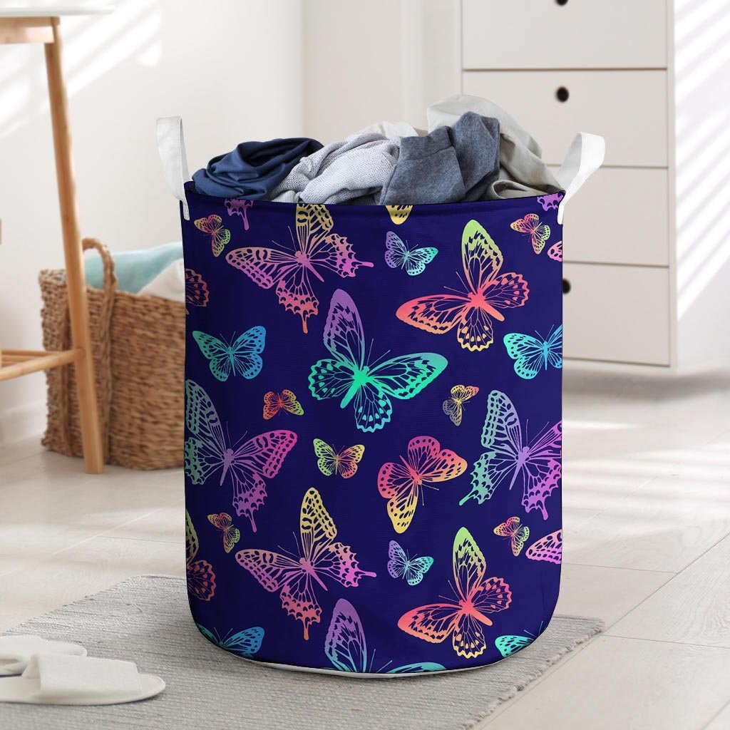 Neon Butterfly Print Laundry Basket-grizzshop