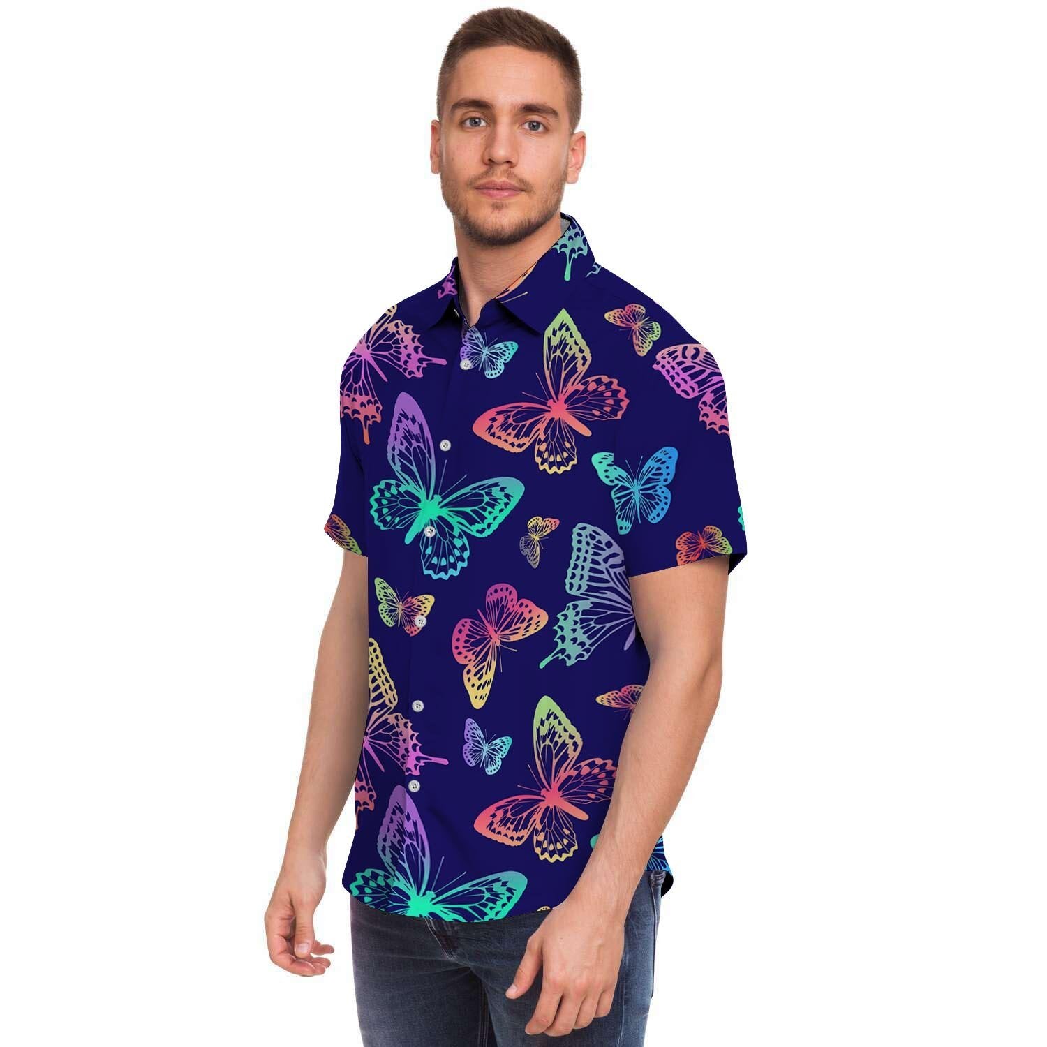 Neon Butterfly Print Men's Short Sleeve Shirt-grizzshop