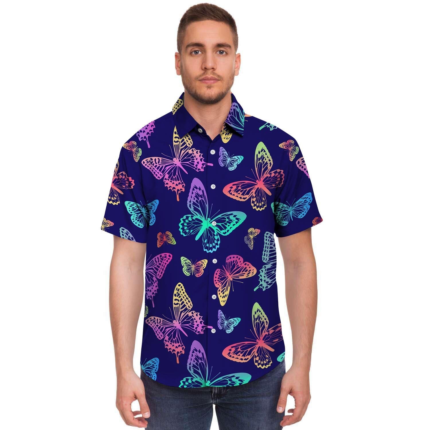 Neon Butterfly Print Men's Short Sleeve Shirt-grizzshop