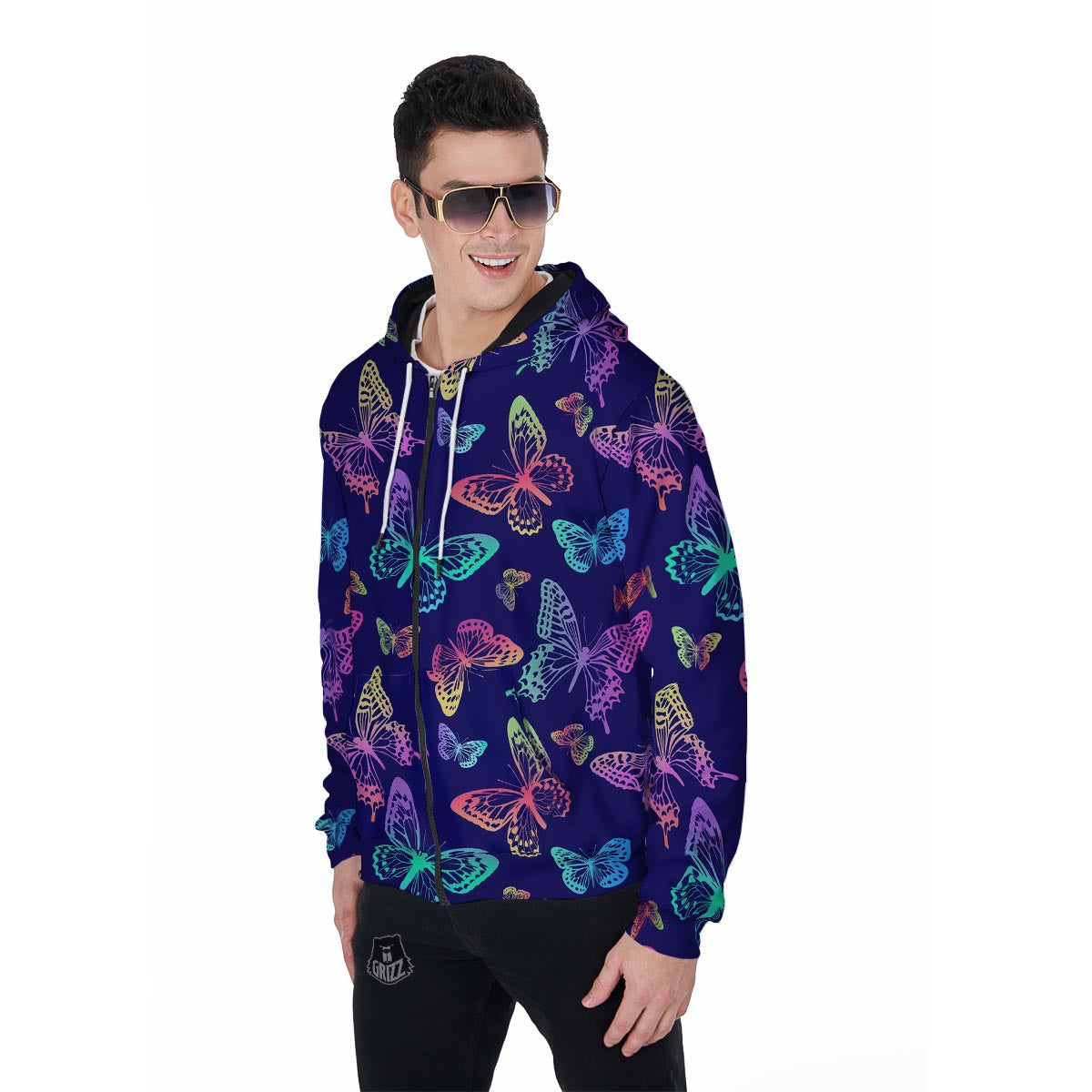 Neon Butterfly Print Men's Zip Up Hoodie-grizzshop
