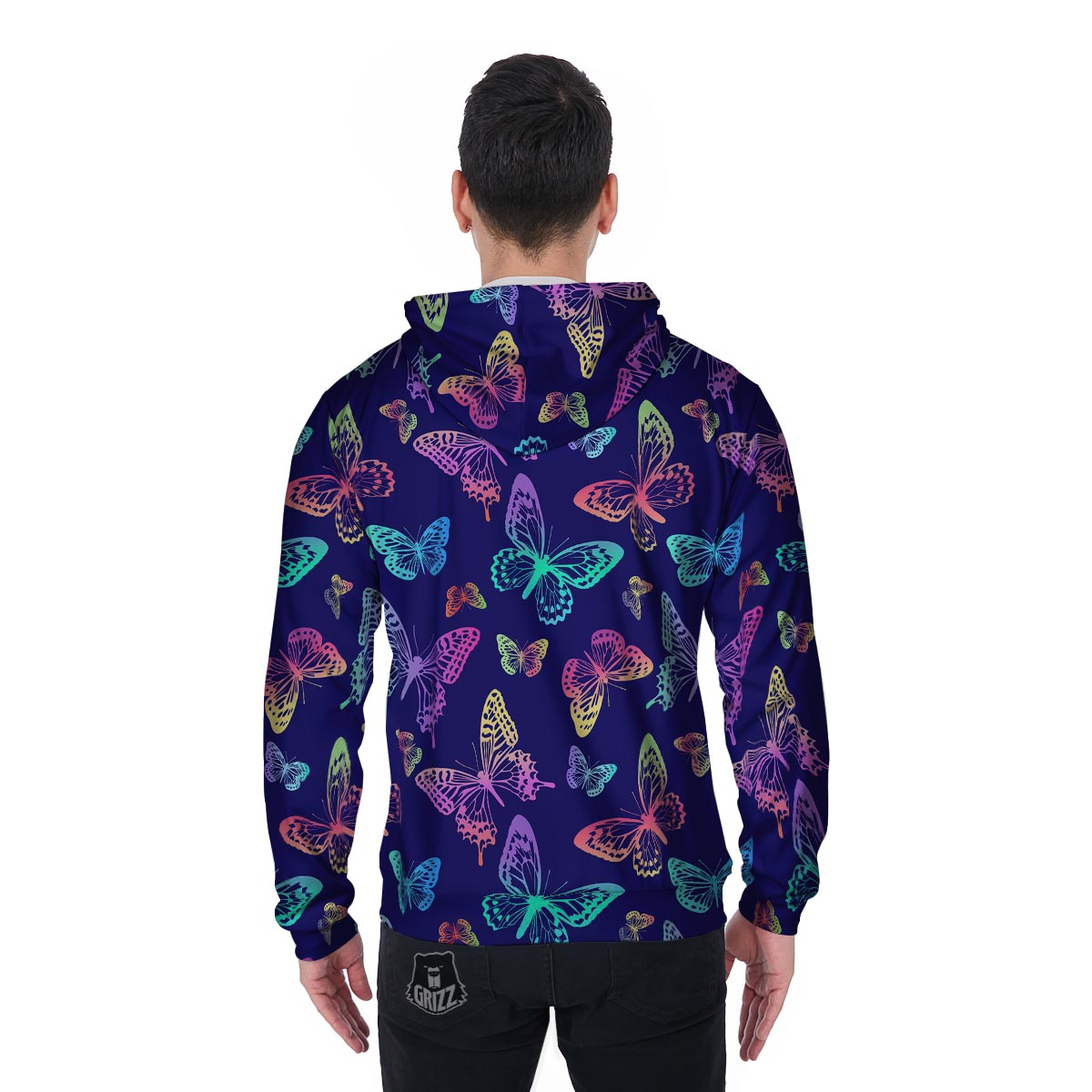 Neon Butterfly Print Men's Zip Up Hoodie-grizzshop