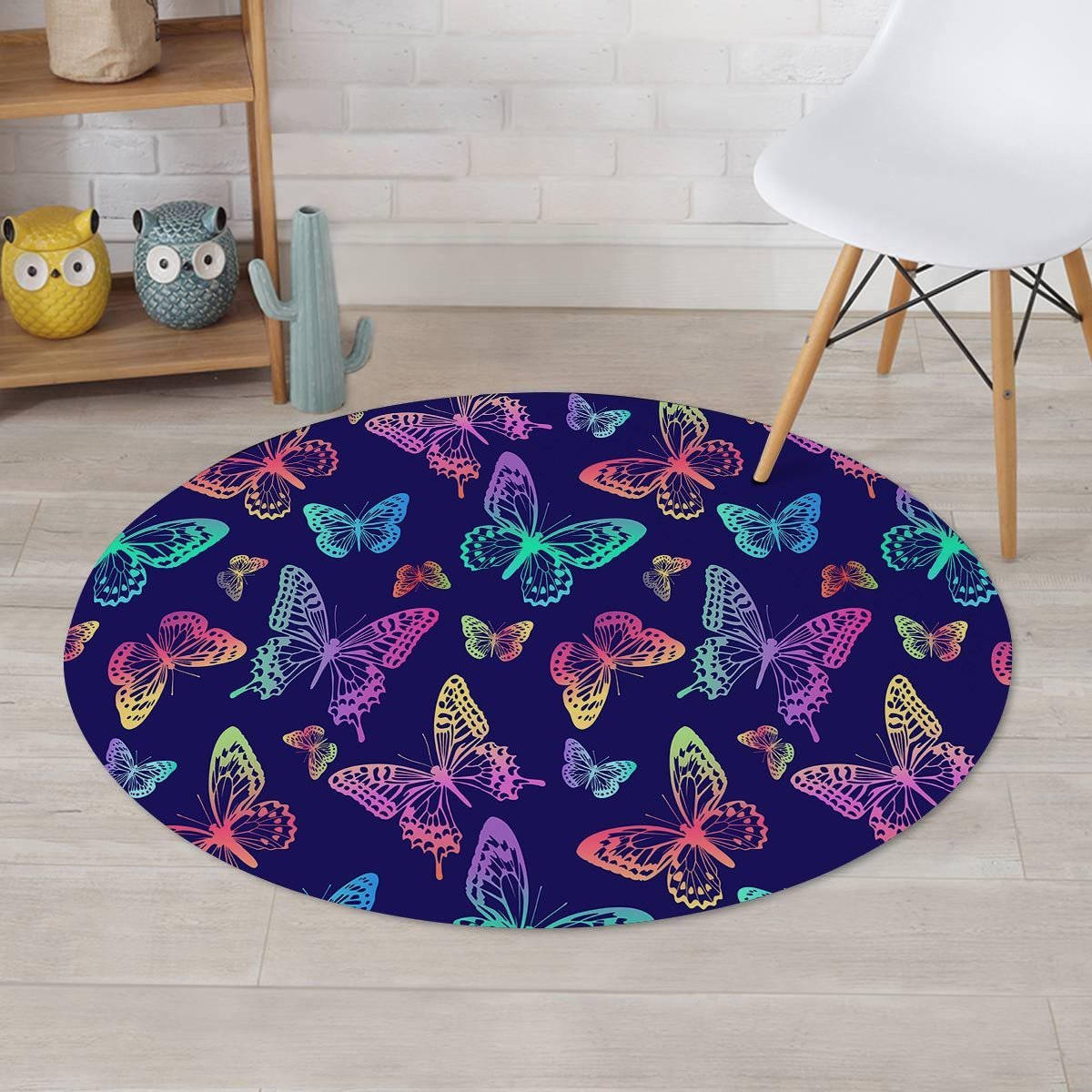 Neon Butterfly Print Round Rug-grizzshop