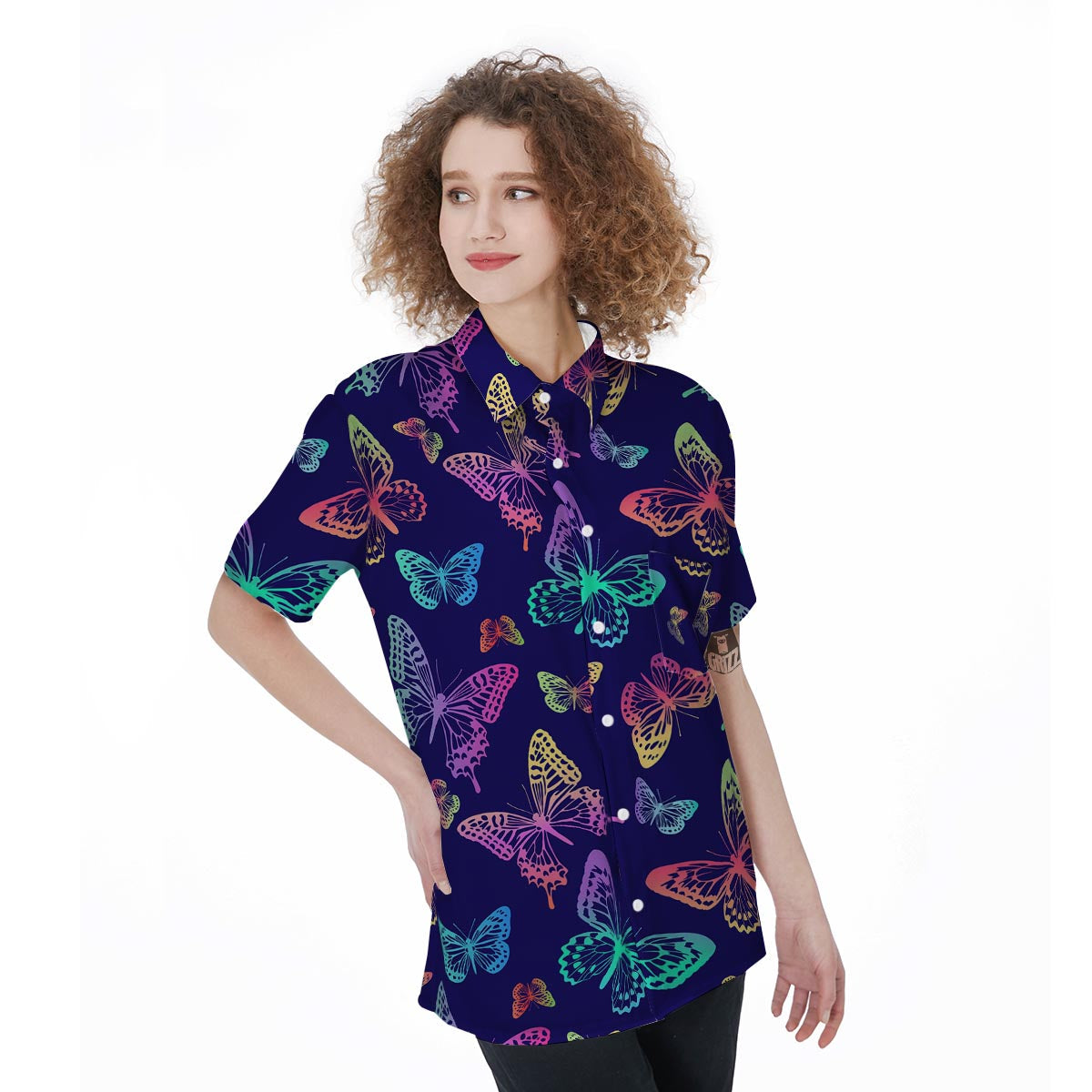 Neon Butterfly Print Women's Short Sleeve Shirts-grizzshop