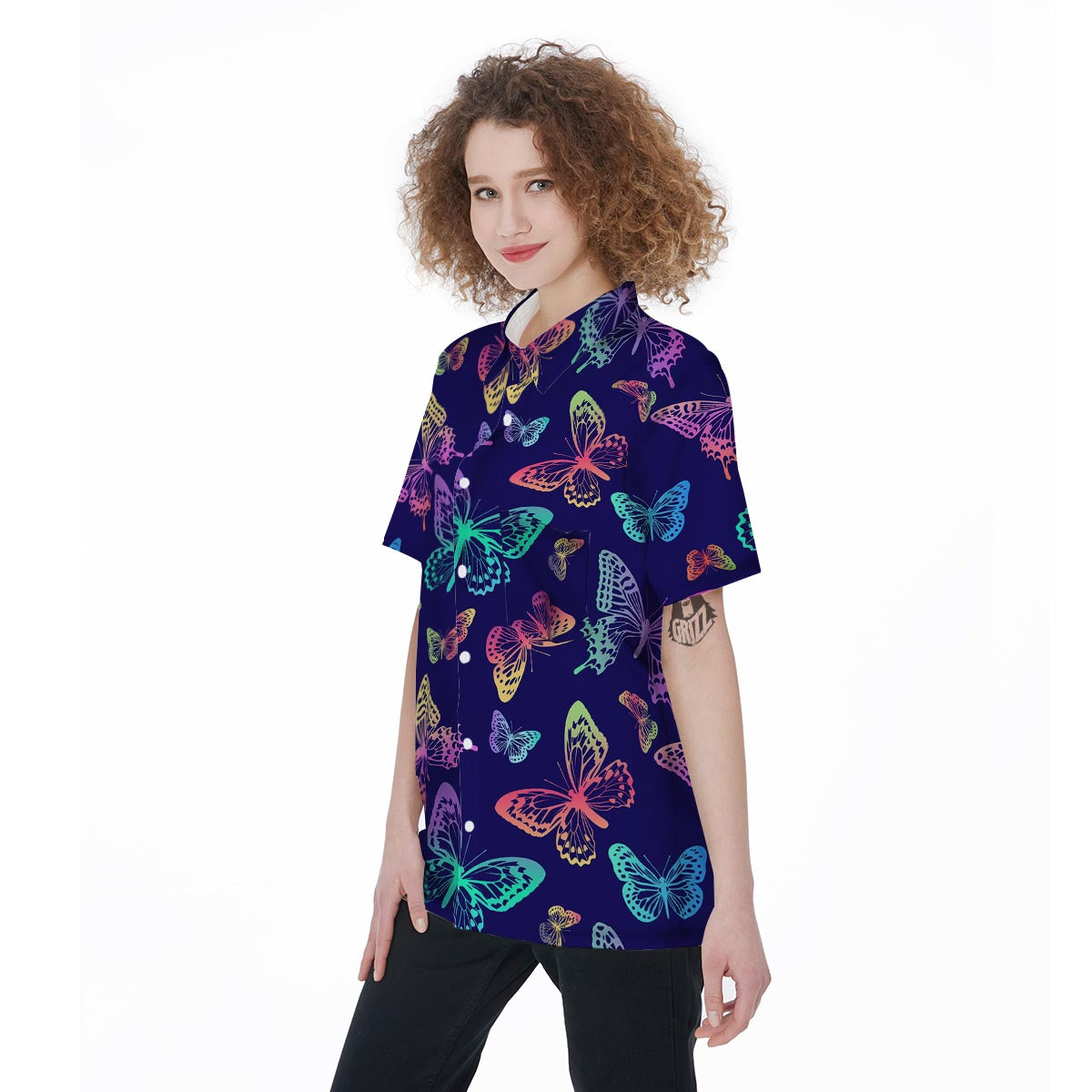 Neon Butterfly Print Women's Short Sleeve Shirts-grizzshop